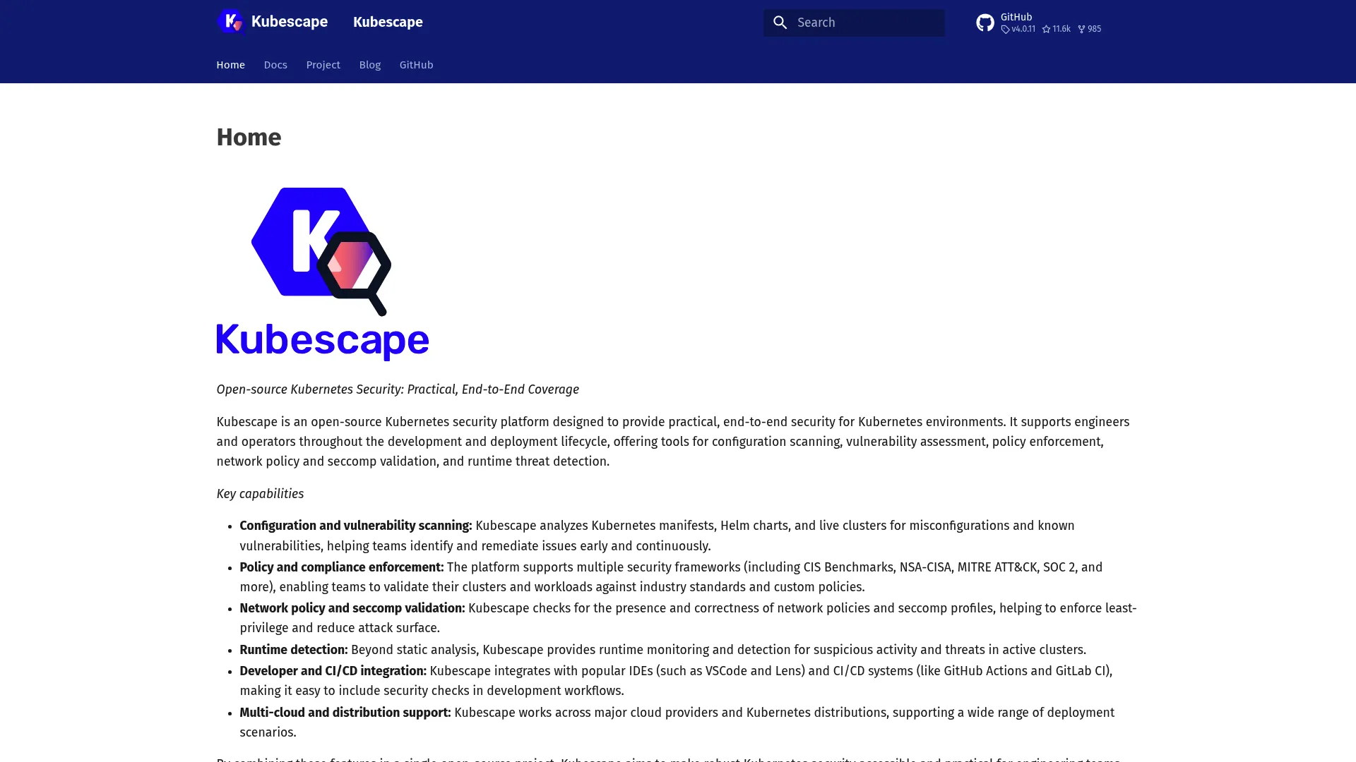 Kubescape Kubernetes security platform homepage