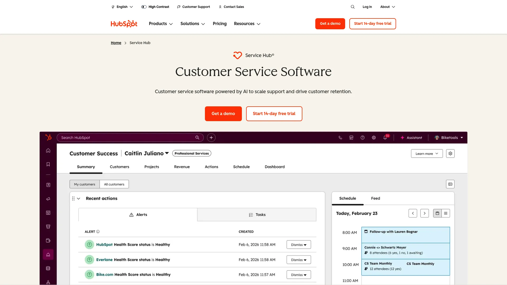 HubSpot Service Hub in-app support software homepage