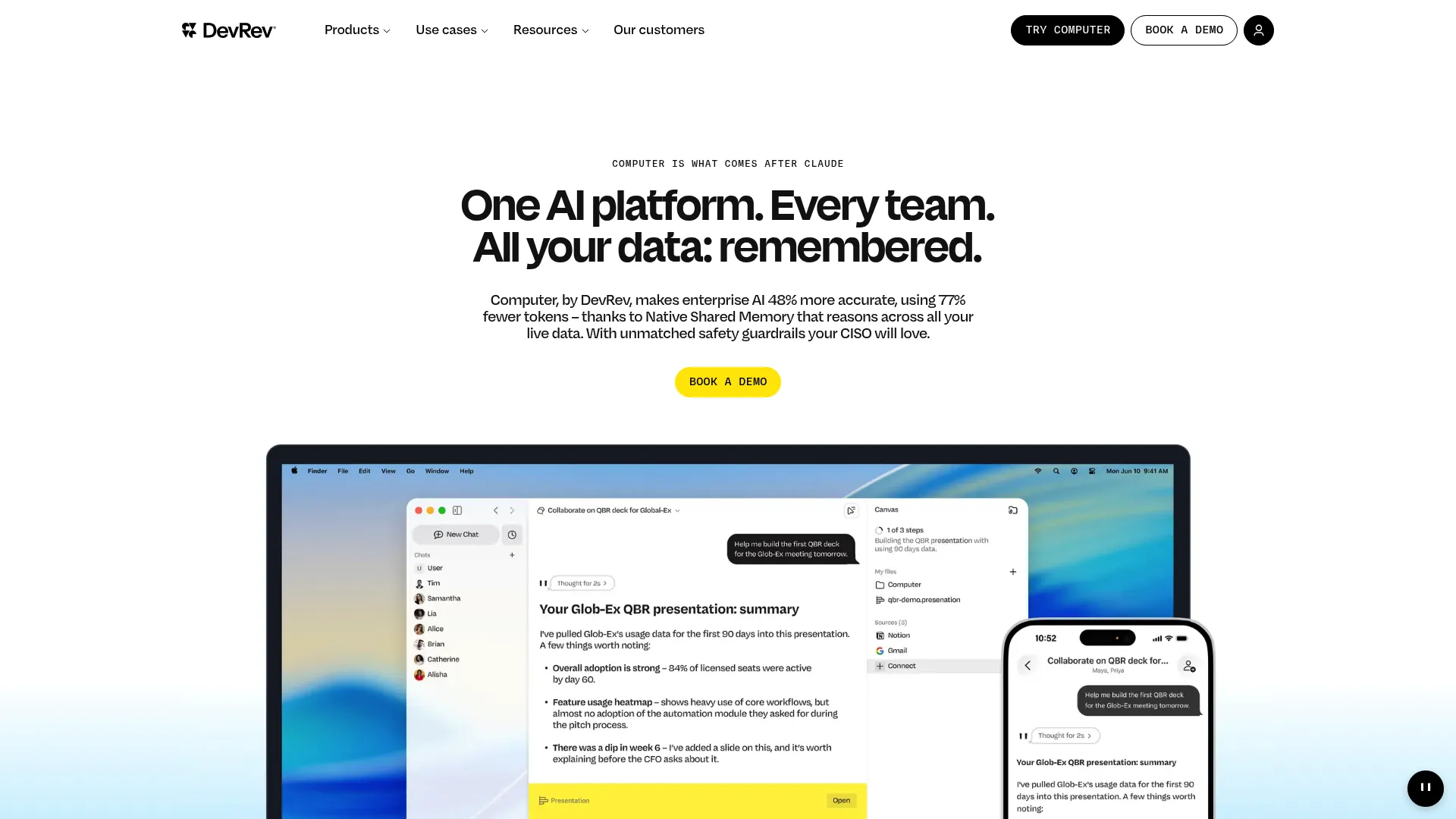 DevRev in-app support software homepage