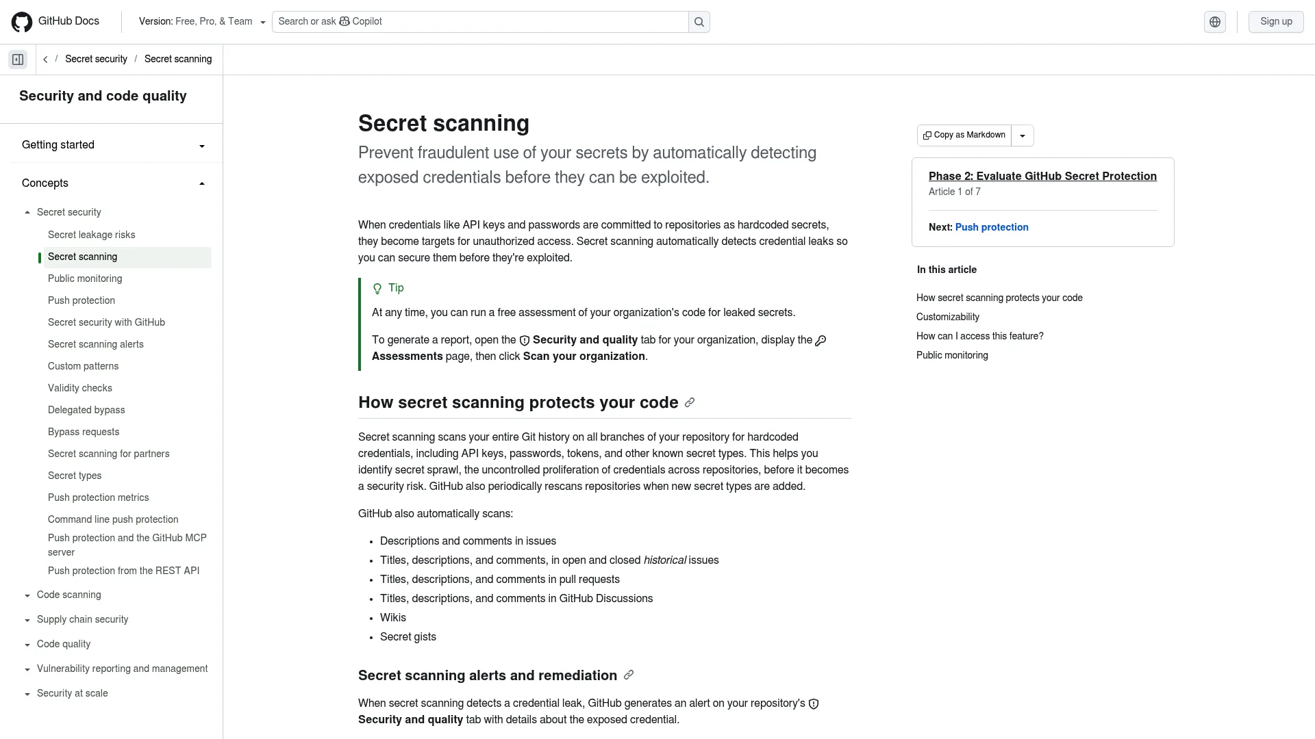 GitHub Secret Scanning documentation page