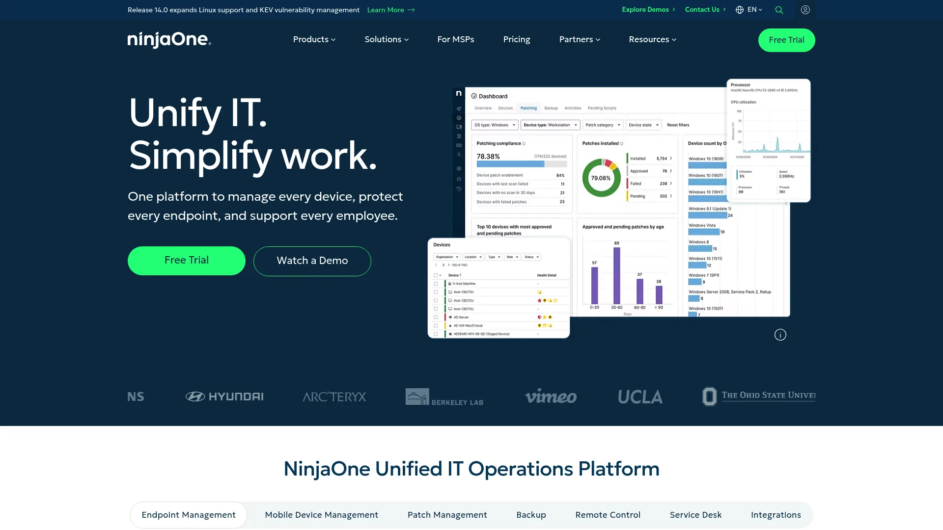 NinjaOne endpoint management and RMM dashboard