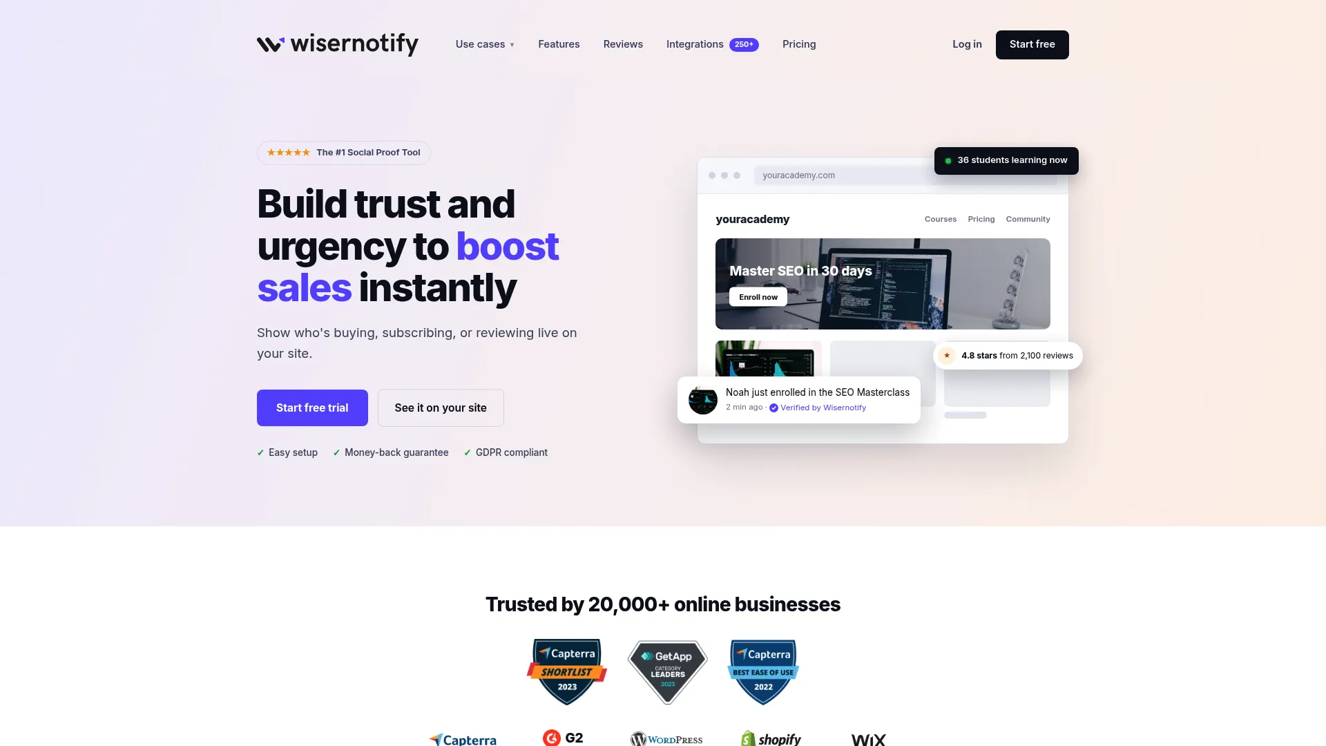 WiserNotify social proof and urgency notification software homepage.