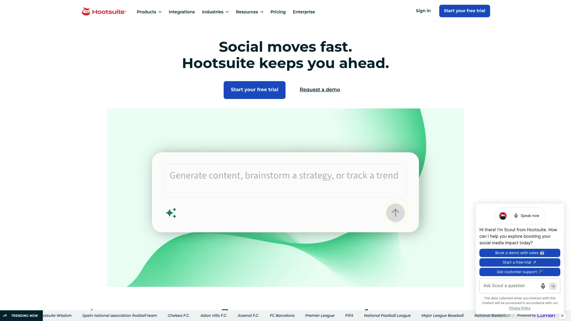 Hootsuite Listening interface showing social monitoring and sentiment tracking