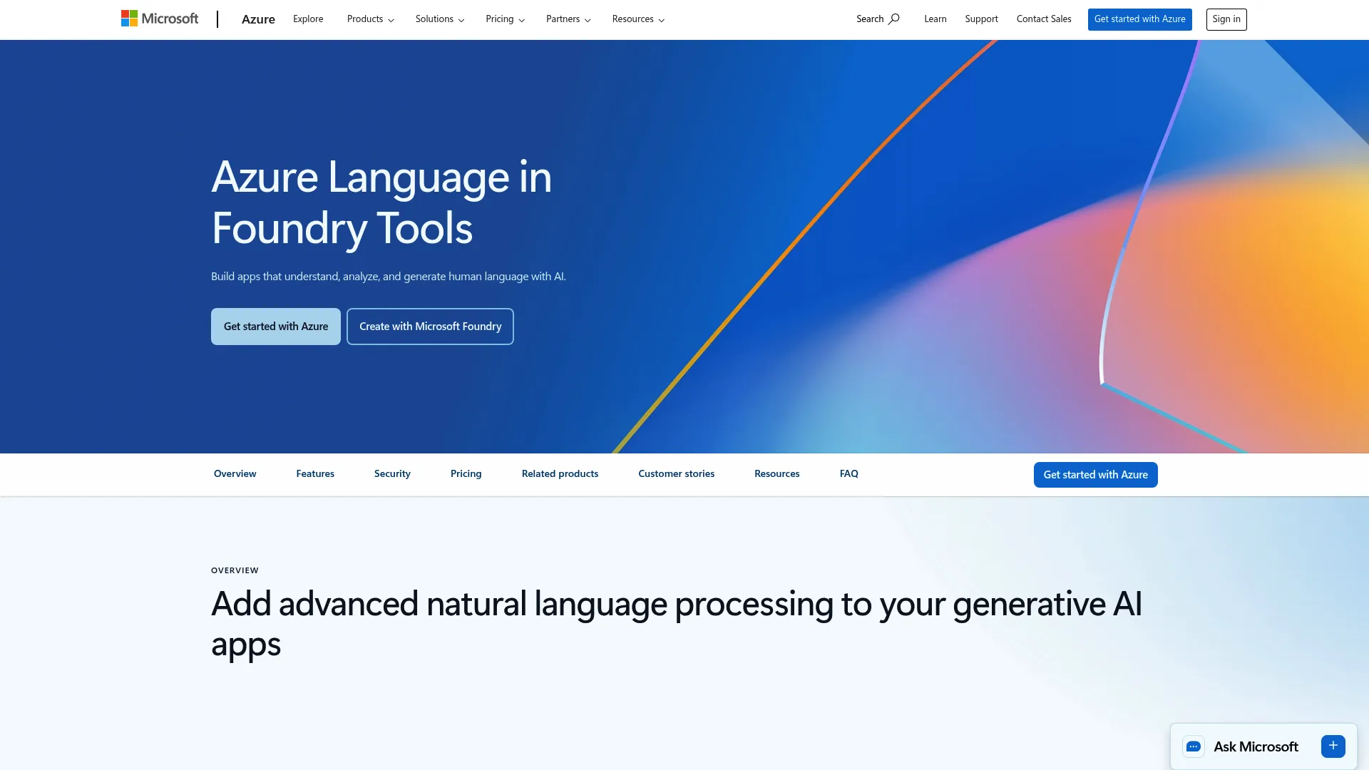 Azure Text Analytics language service showing sentiment and entity detection