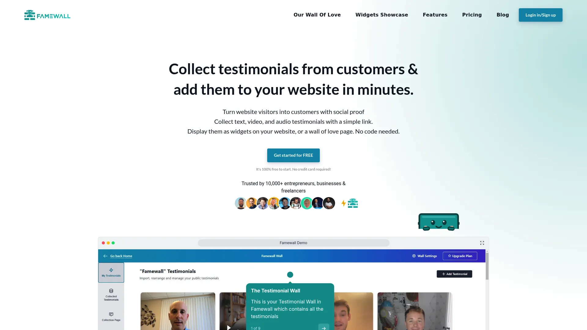 Famewall testimonial collection tool homepage