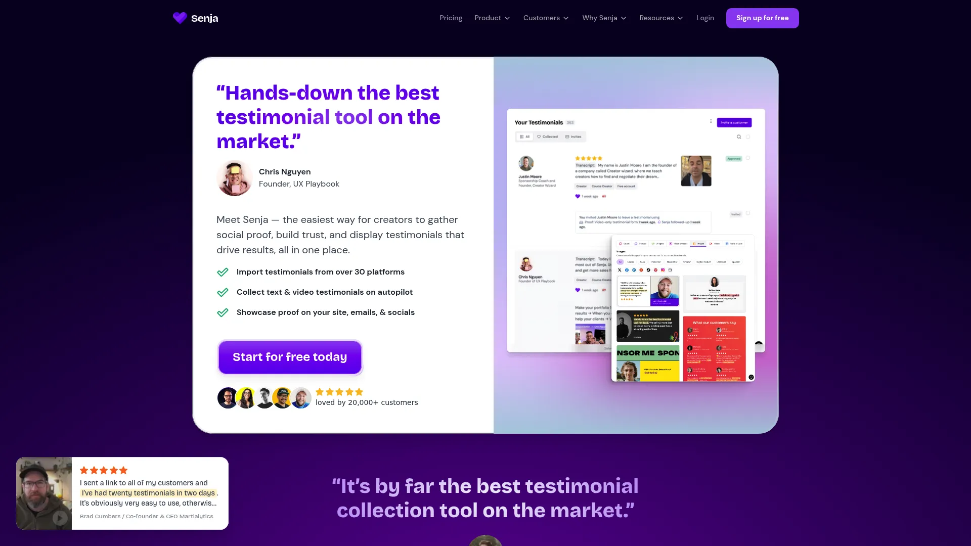 Senja testimonial collection software homepage
