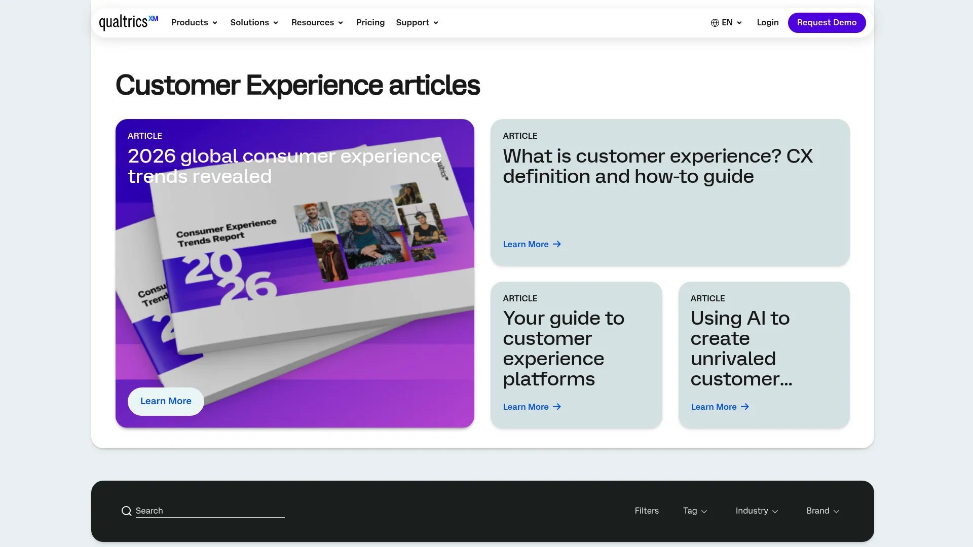 Qualtrics XM for Customer Experience platform homepage