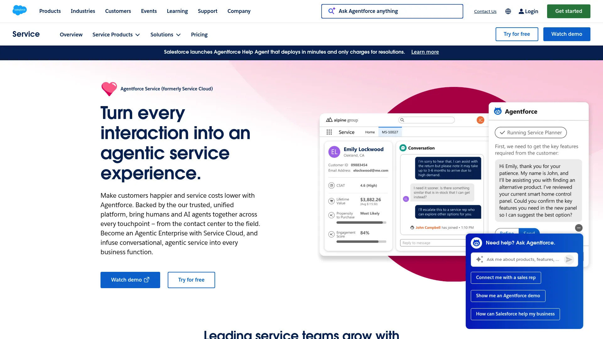 Salesforce Service Cloud customer service platform homepage
