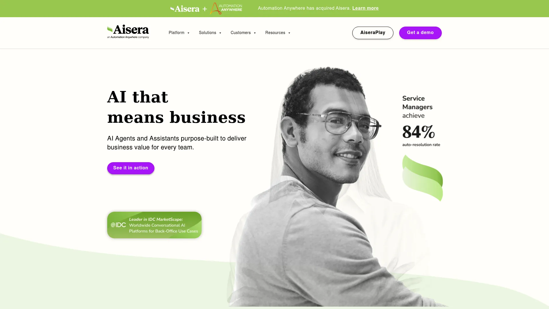 Aisera agentic AI platform homepage