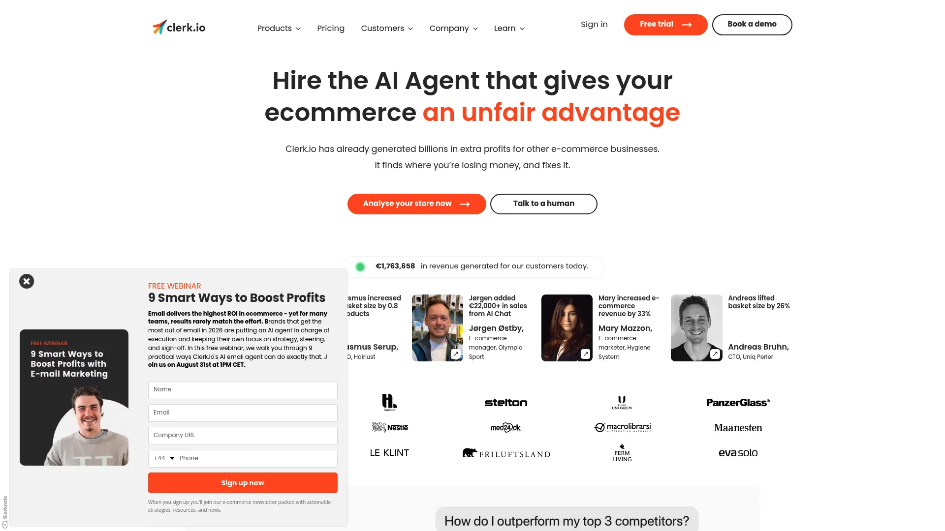 Clerk.io ecommerce personalization platform homepage