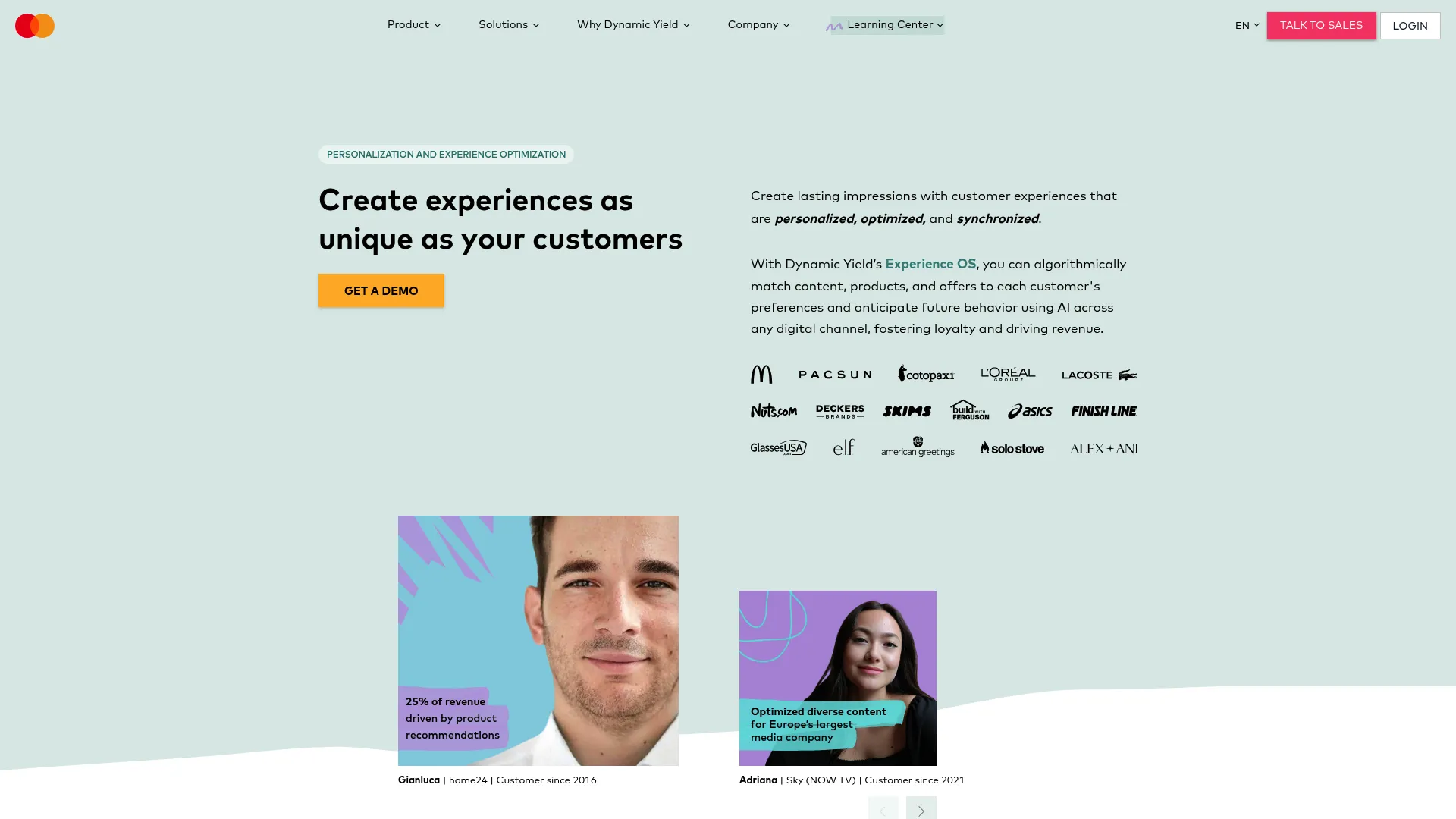 Dynamic Yield personalization platform homepage