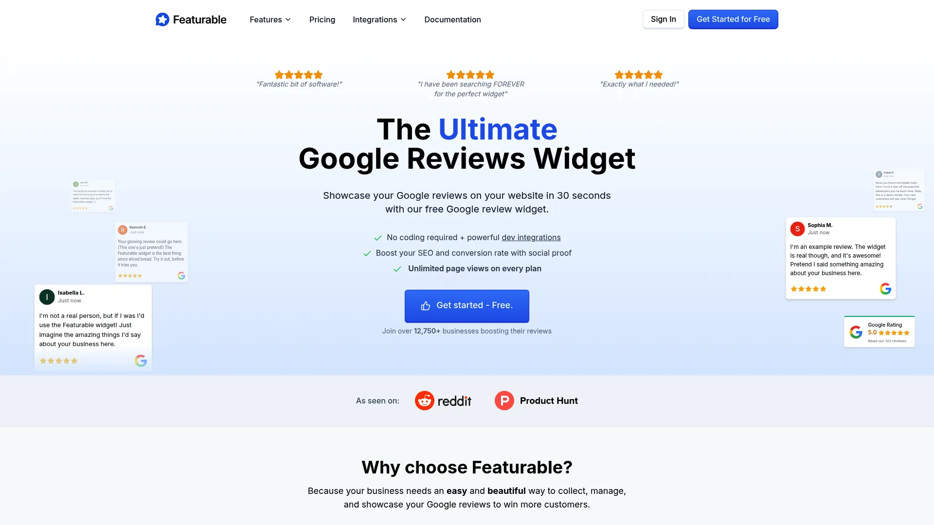 Featurable Google review widget homepage