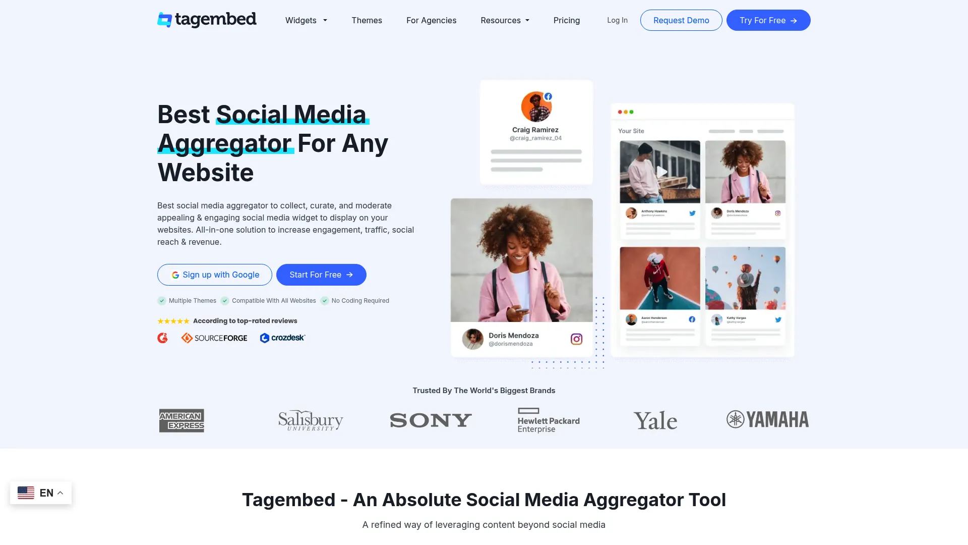 Tagembed social aggregator and widget homepage