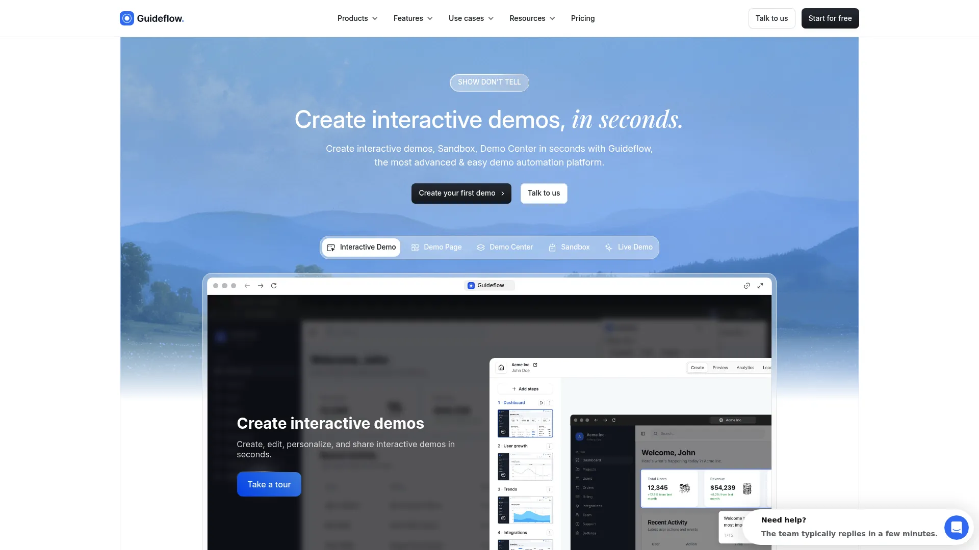 Guideflow interactive demo platform homepage