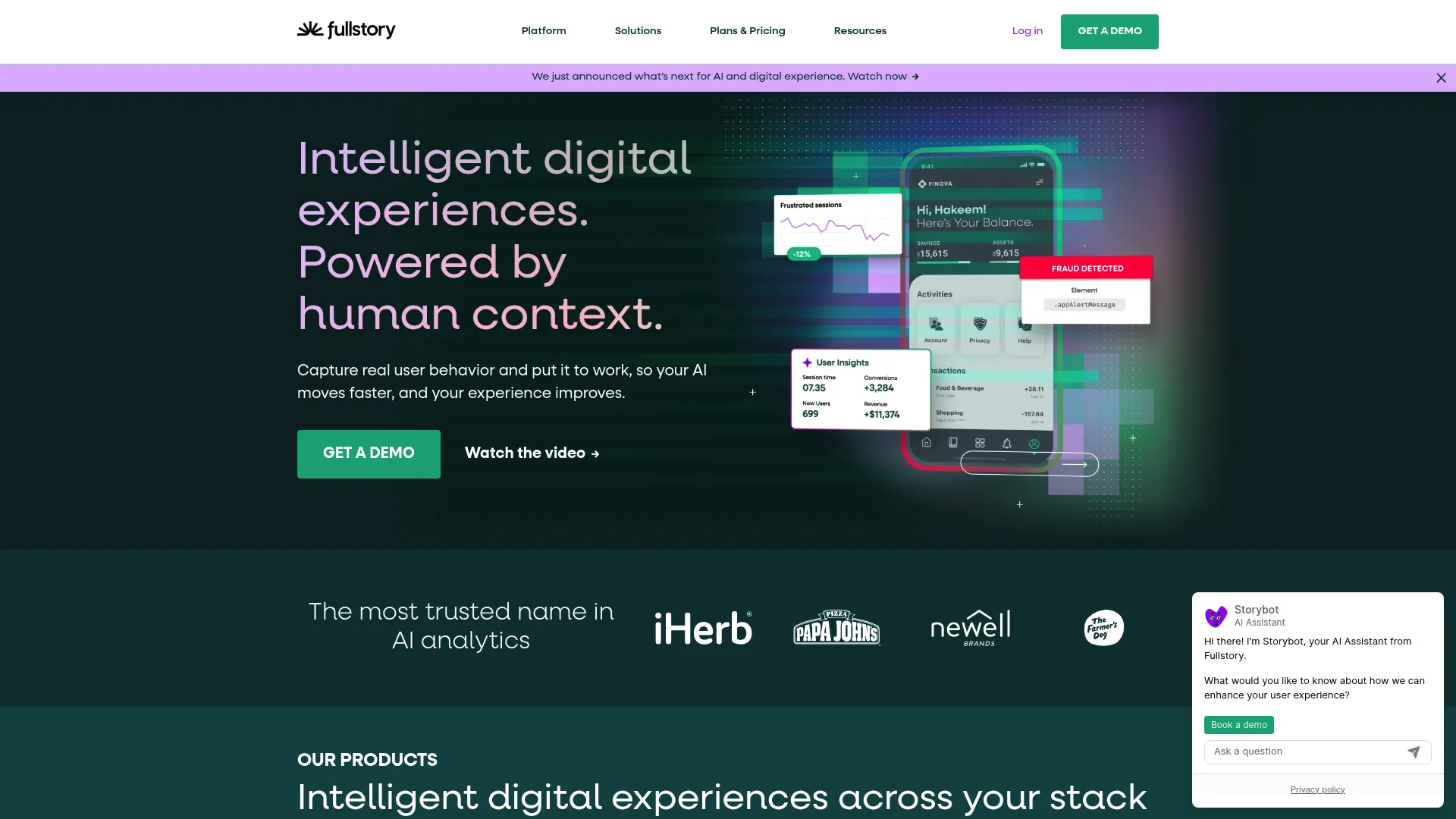 FullStory digital experience analytics homepage