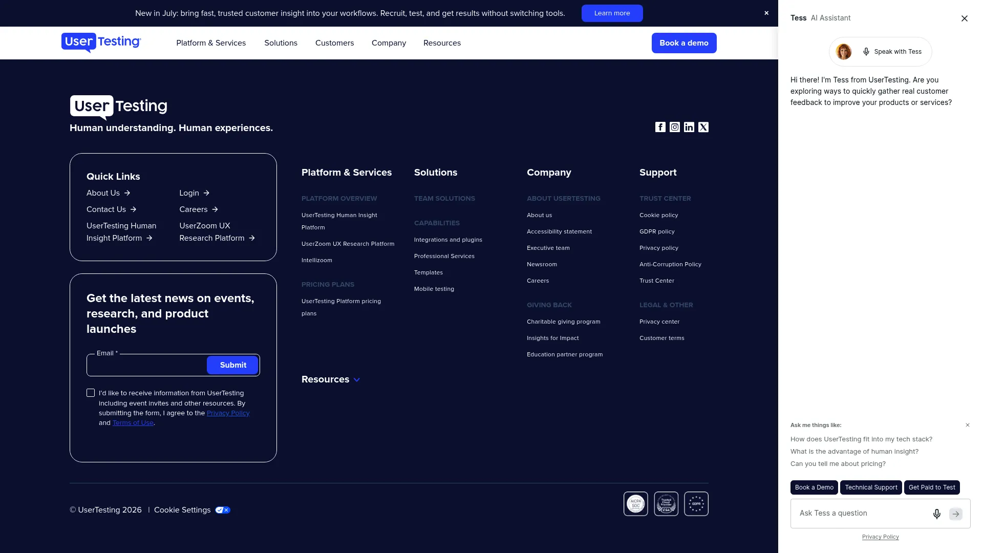 UserTesting human insight platform homepage