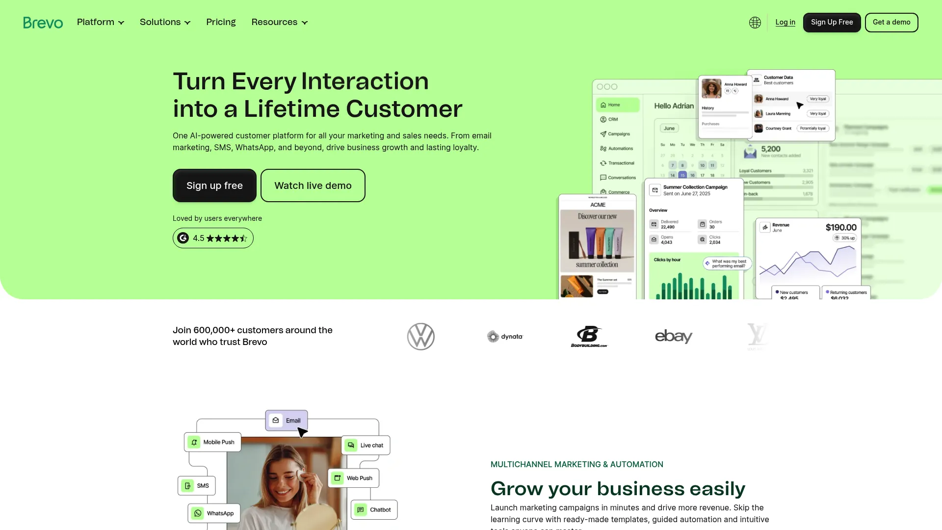 Brevo all-in-one marketing and CRM platform homepage