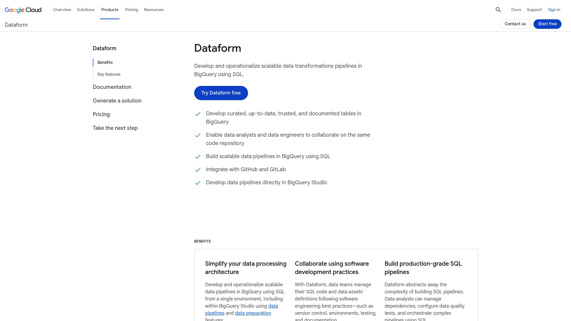 Google BigQuery Dataform SQL workflow interface