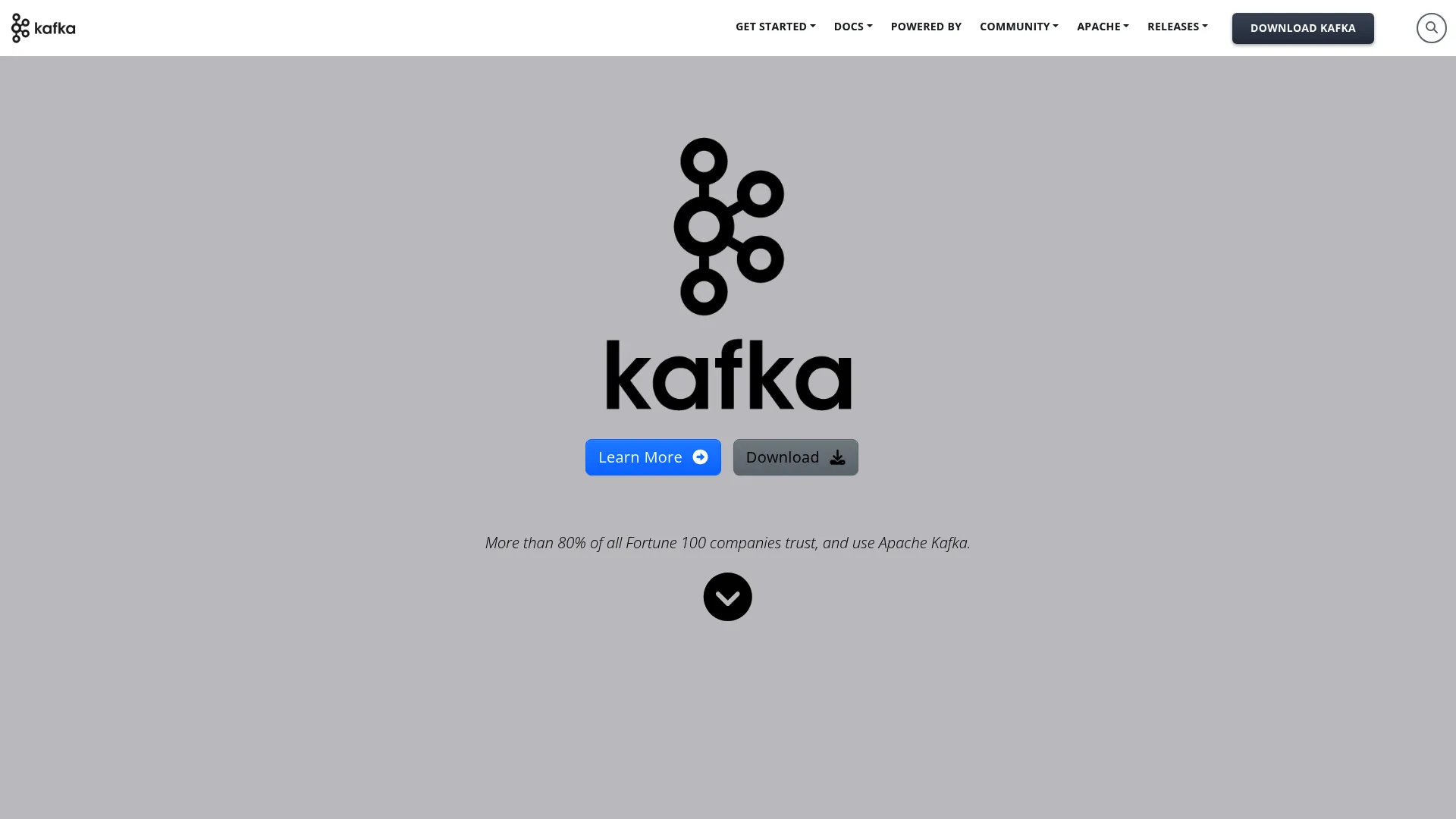 Apache Kafka homepage showing its distributed event streaming platform