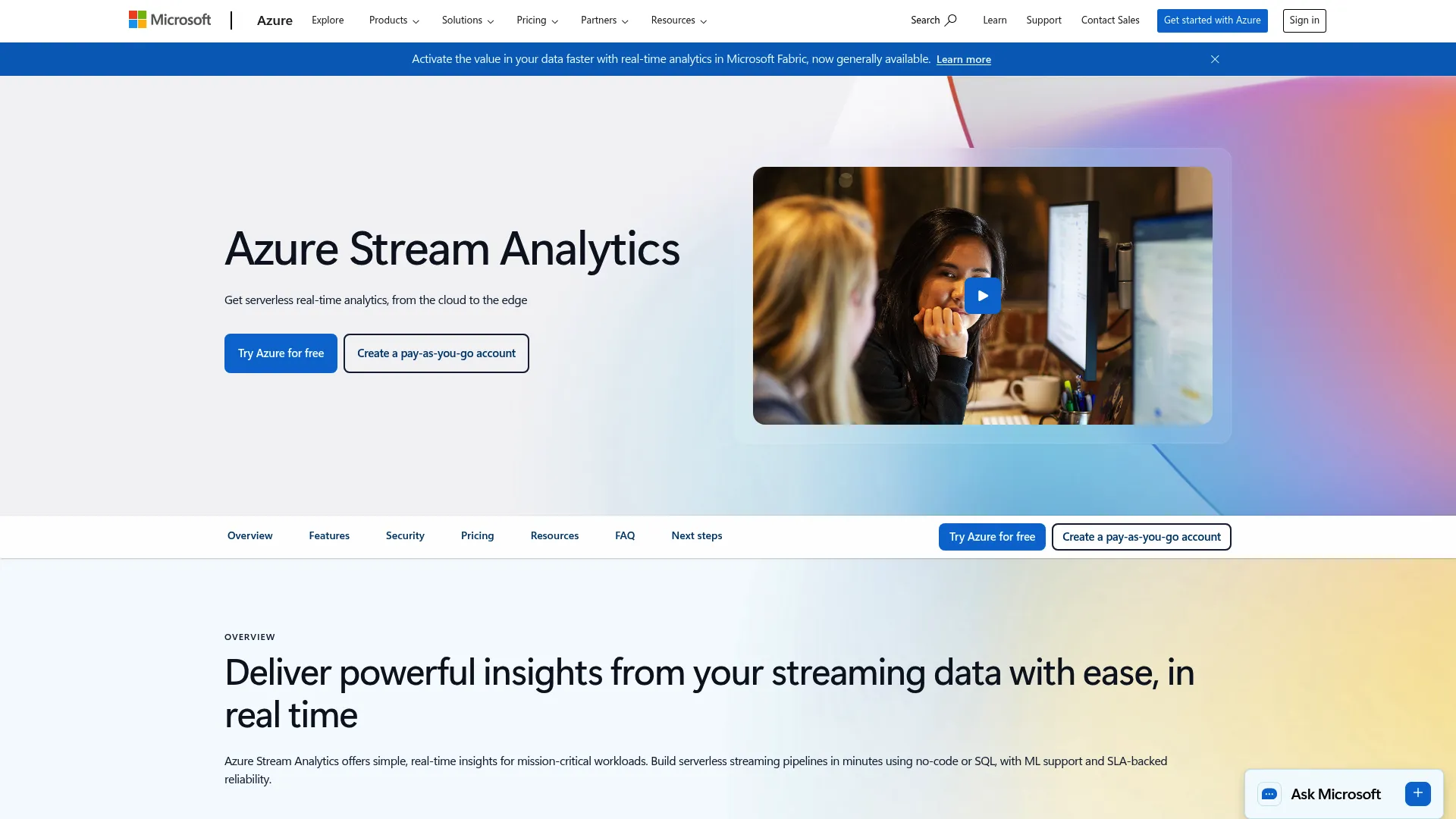 Azure Stream Analytics page showing Microsoft