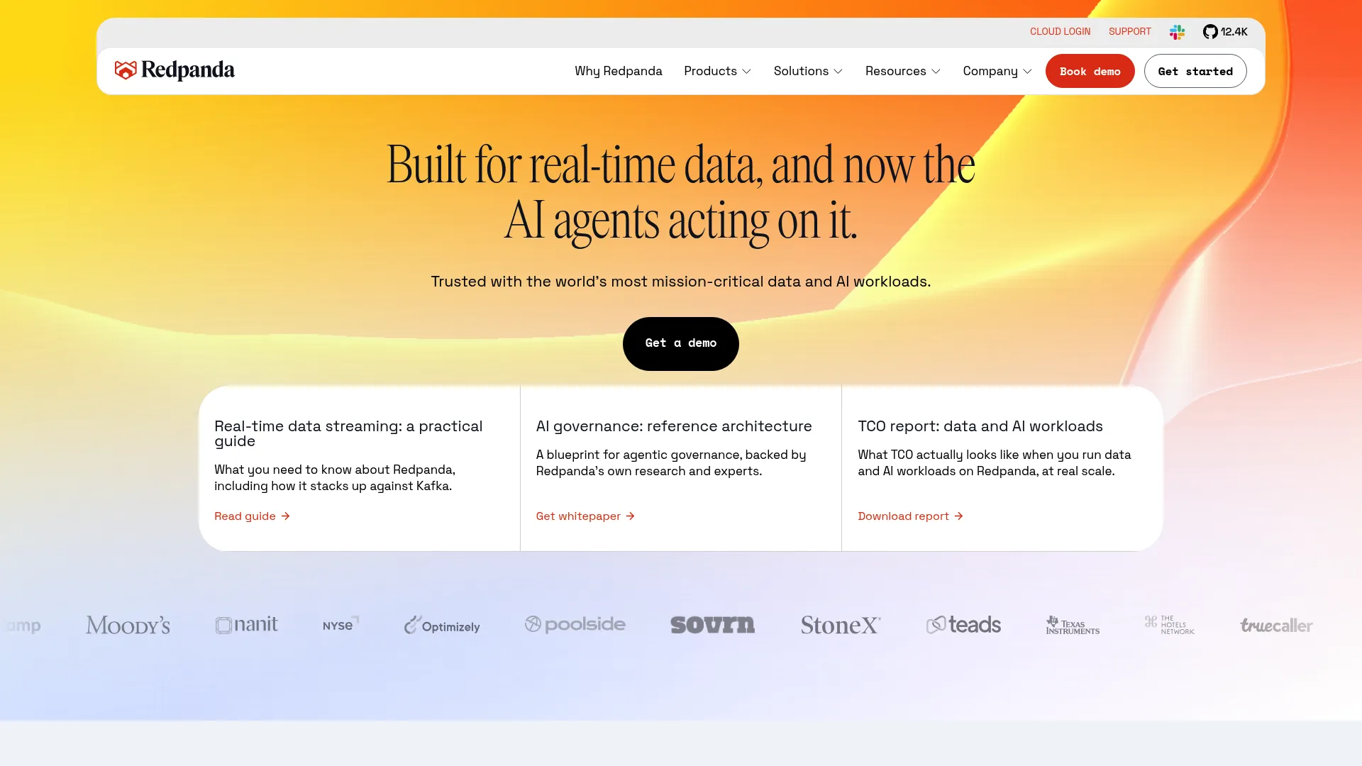 Redpanda homepage showing its Kafka-compatible streaming platform