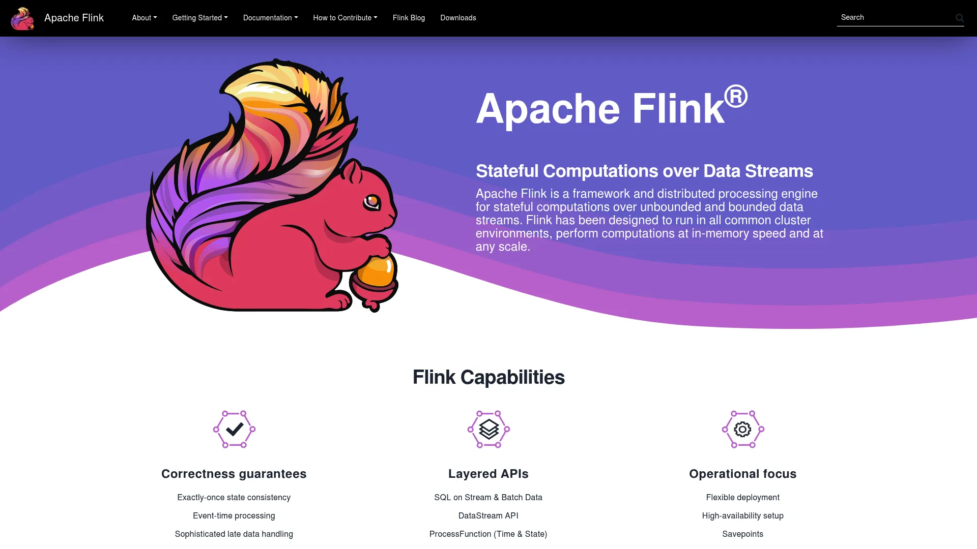 Apache Flink homepage showing its stream processing framework