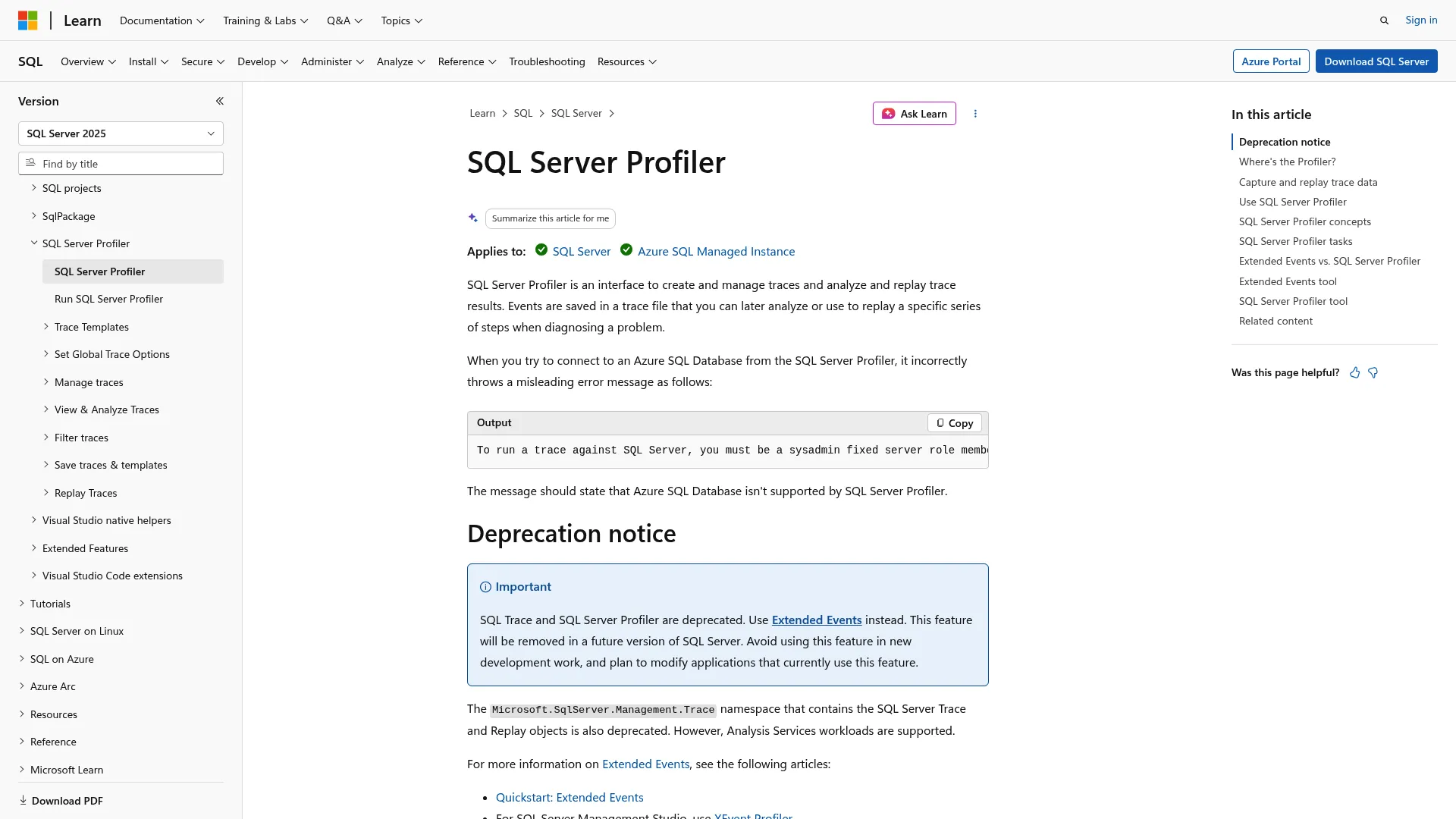 SQL Profiler documentation screenshot