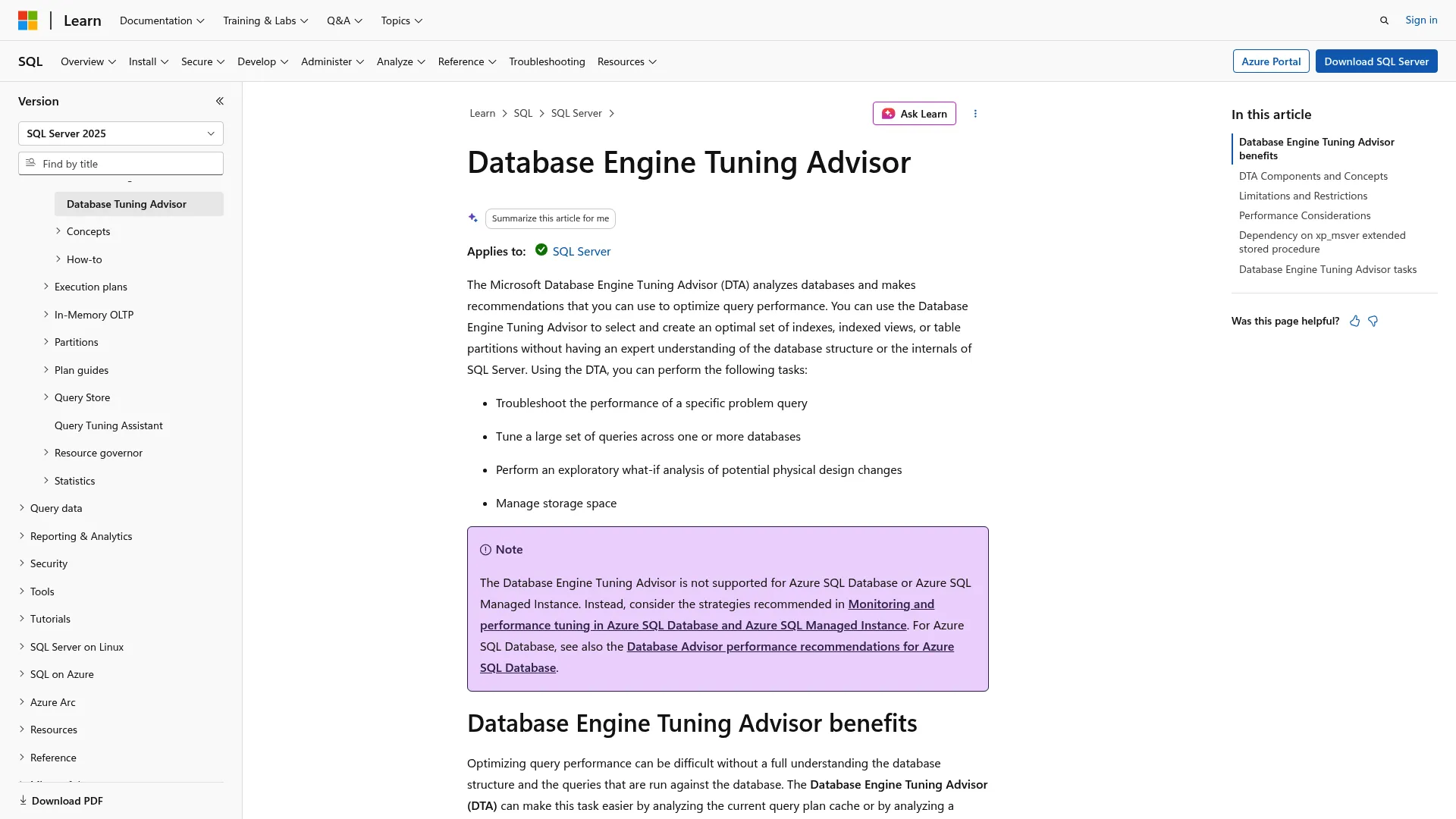 Database Engine Tuning Advisor documentation screenshot