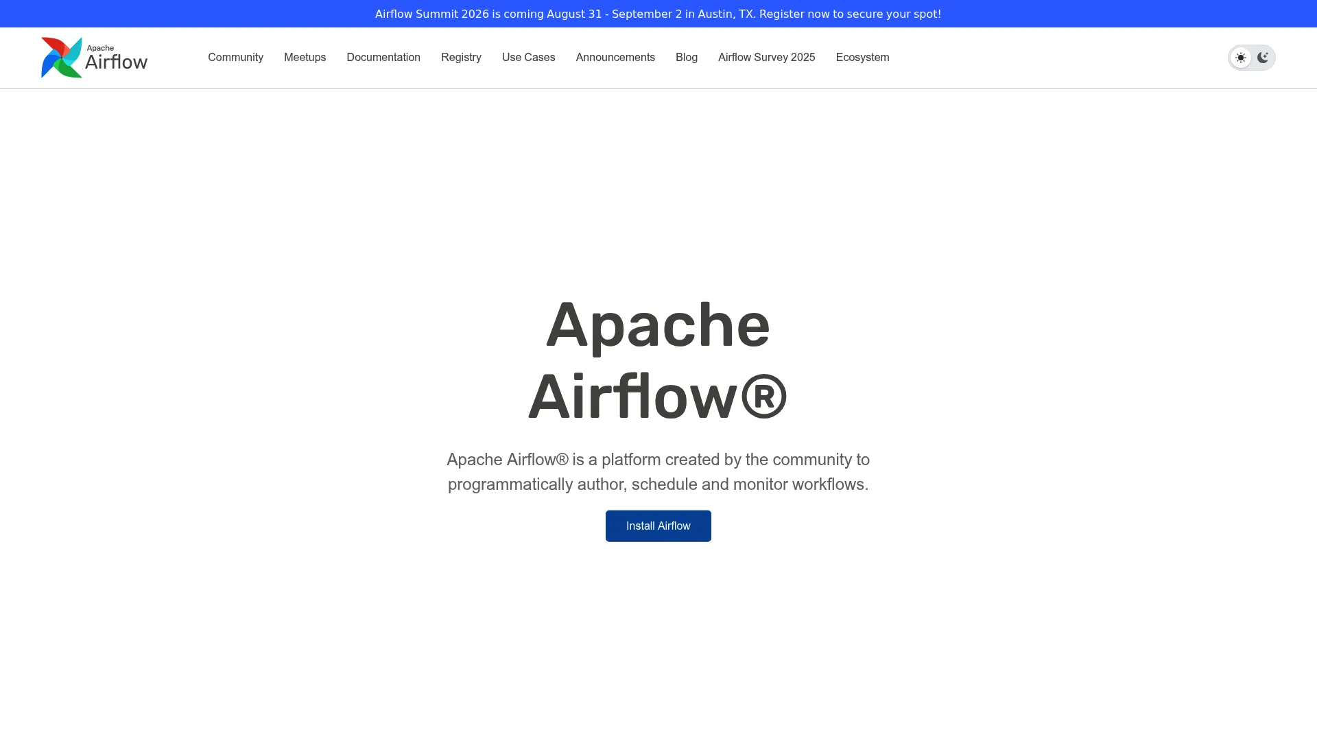 Apache Airflow homepage showing workflow orchestration platform