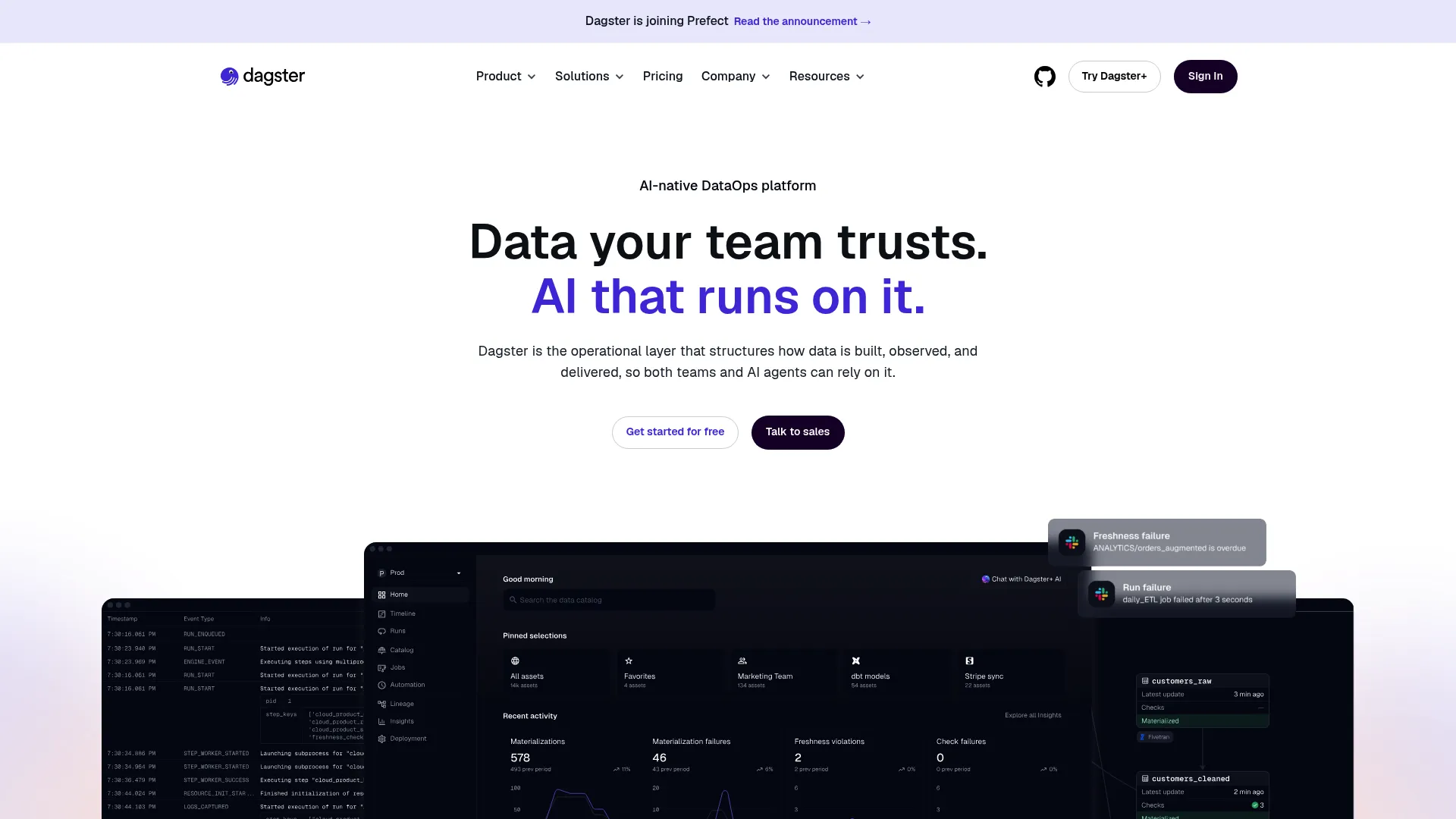 Dagster homepage showing data-aware orchestration platform
