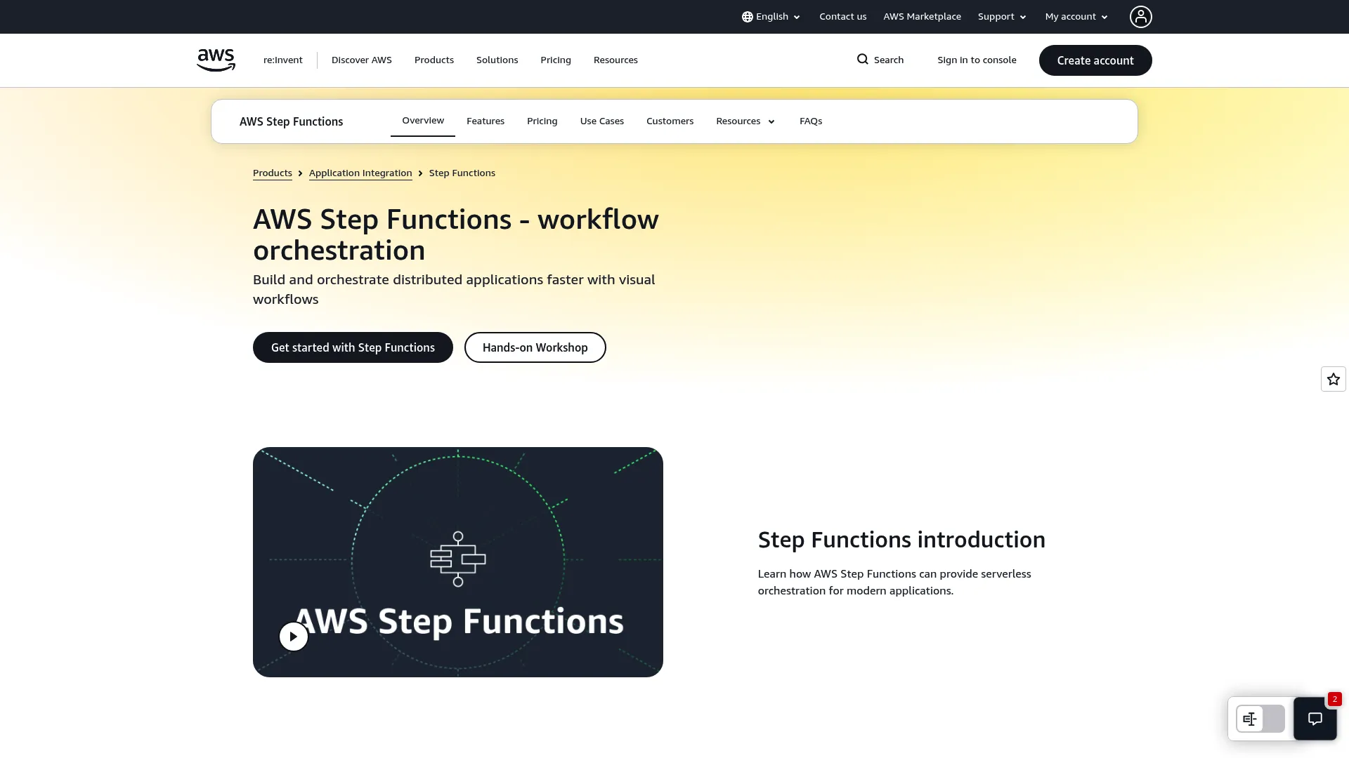 AWS Step Functions page showing serverless workflow orchestration
