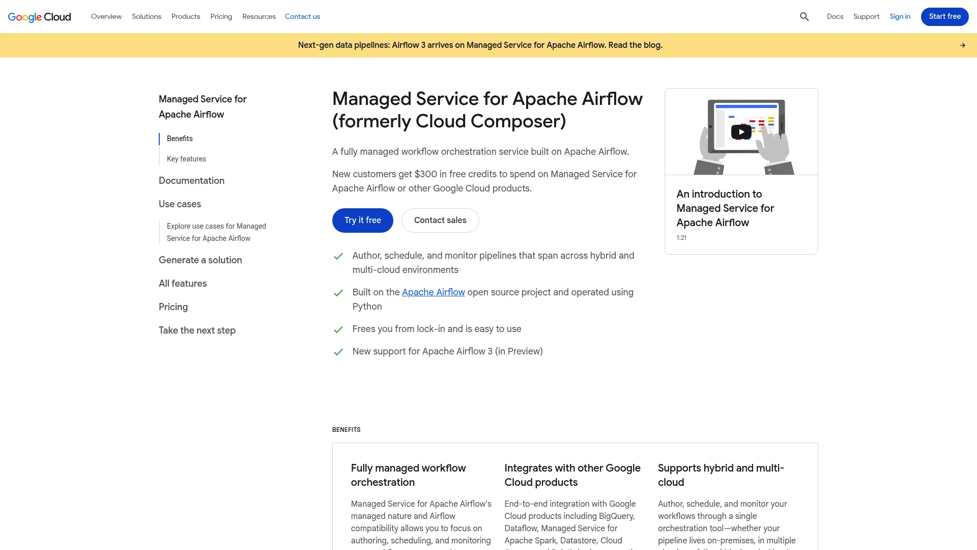 Google Cloud Composer page showing managed Apache Airflow service