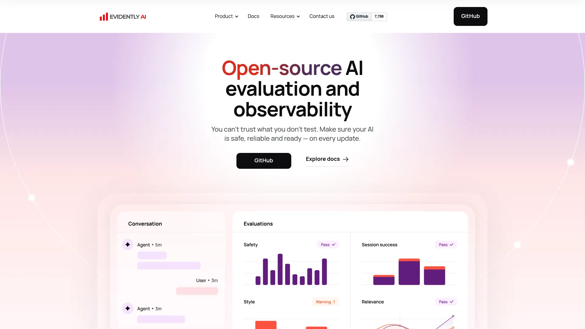 Evidently AI model evaluation and observability platform homepage