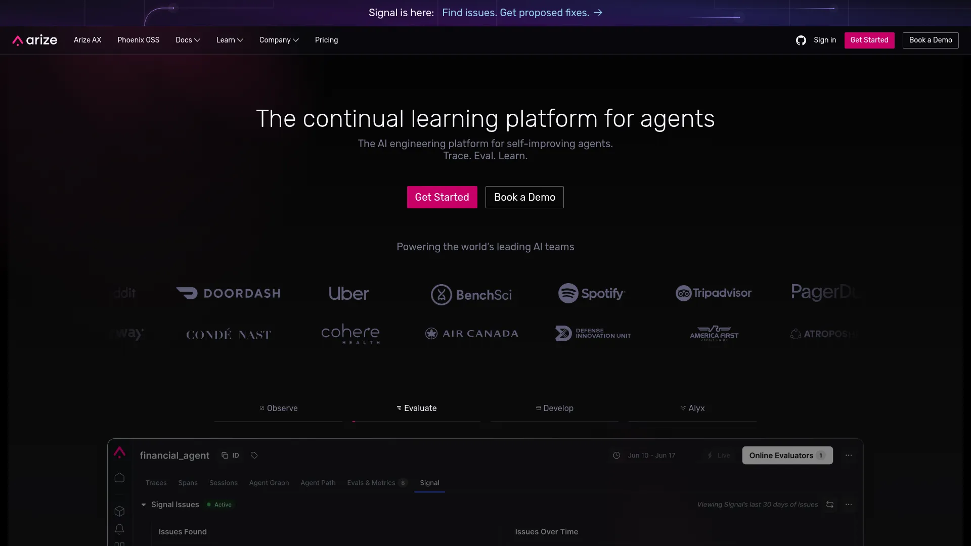 Arize AI observability and evaluation platform homepage
