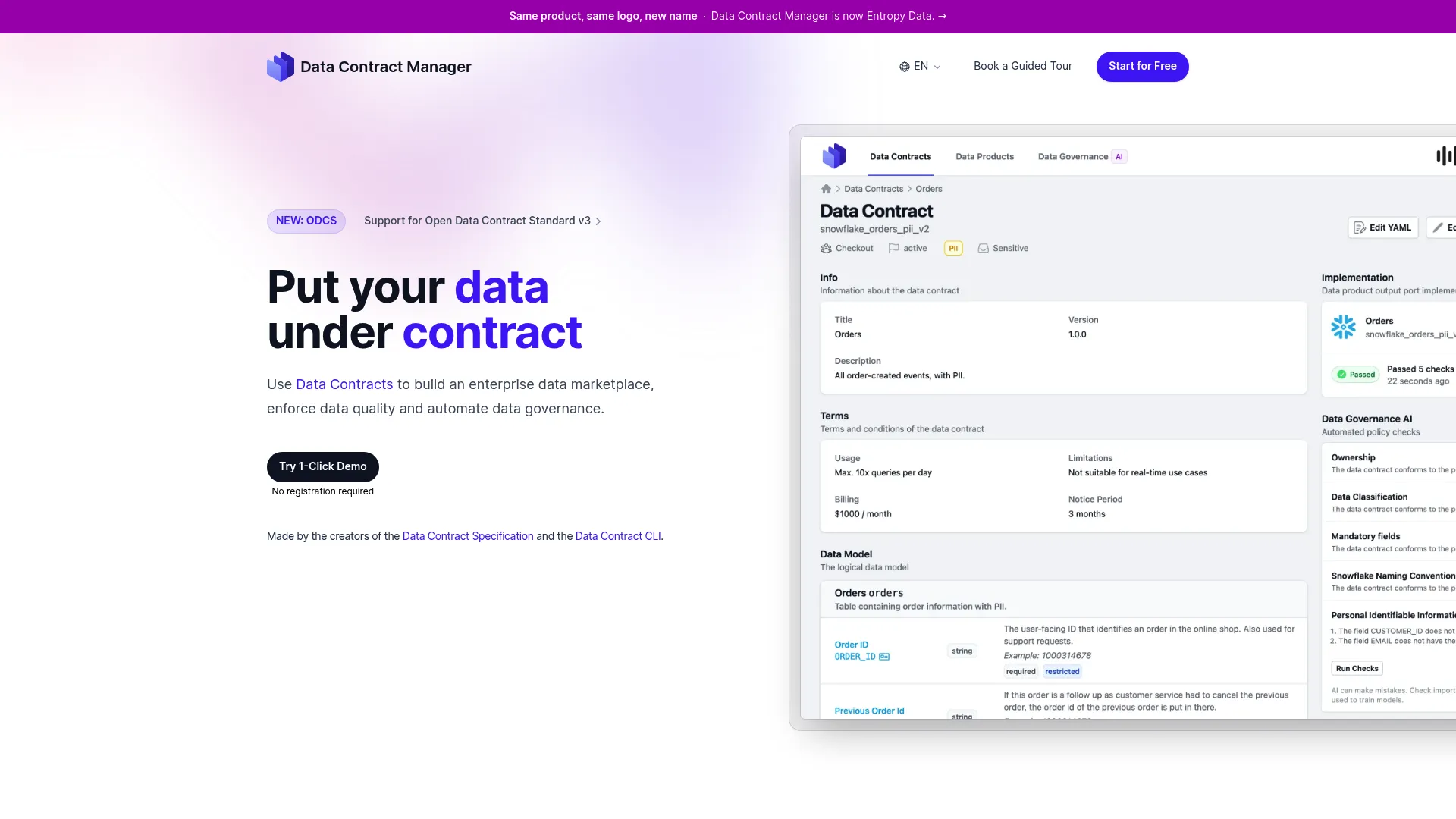 Data Contract Manager data product marketplace interface