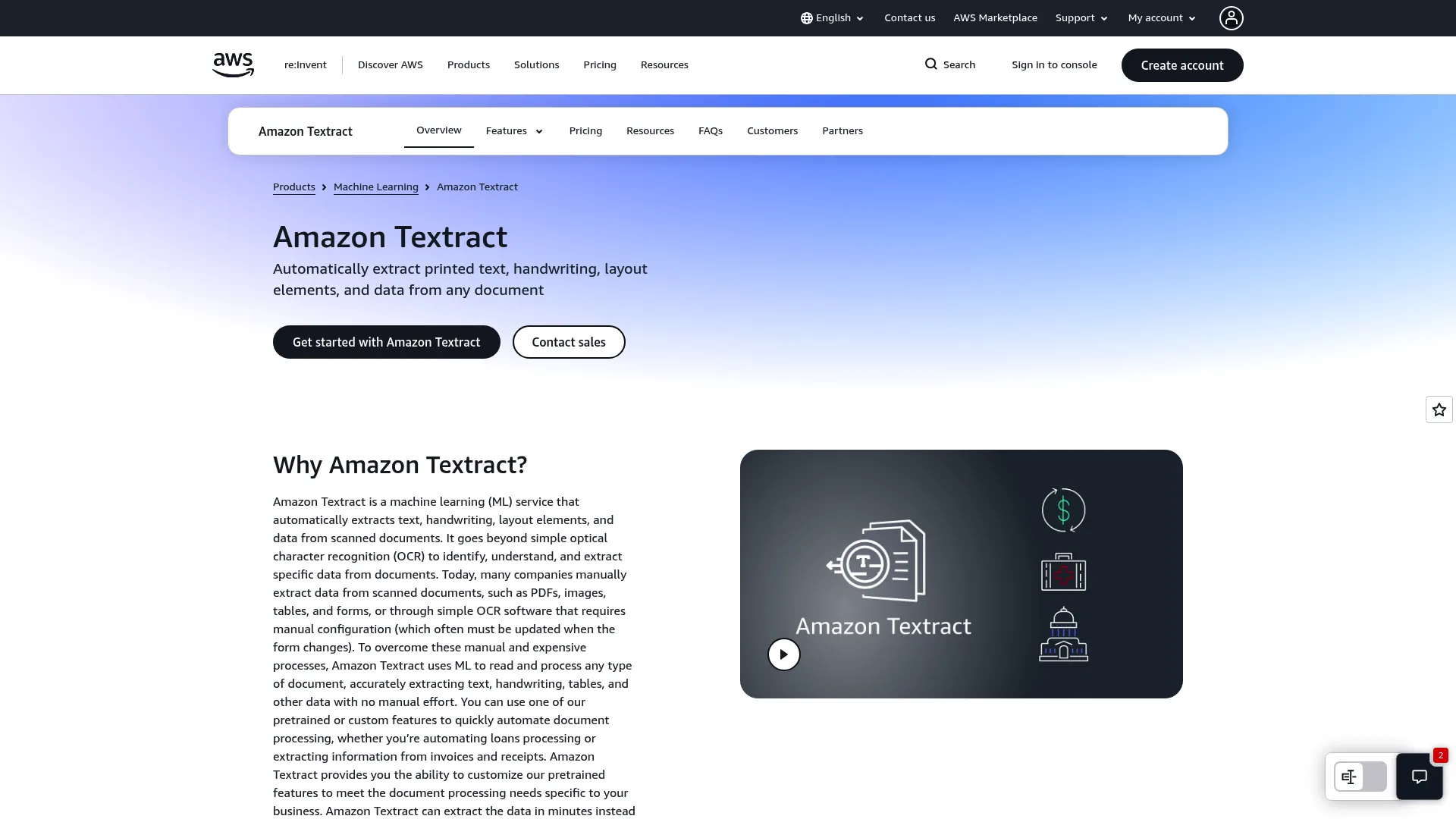 AWS Textract document text and data extraction service