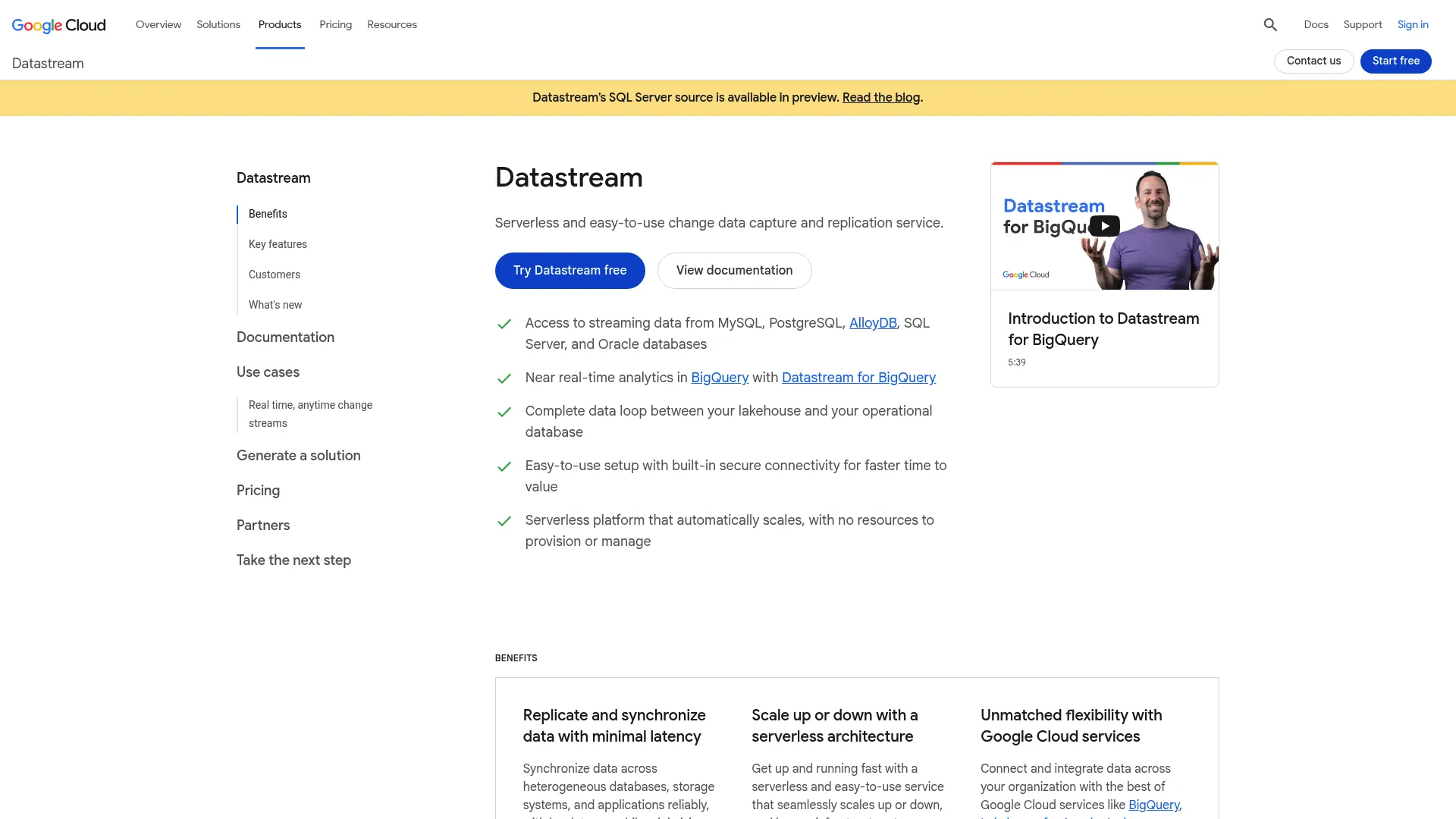 Google Cloud Datastream serverless CDC service page