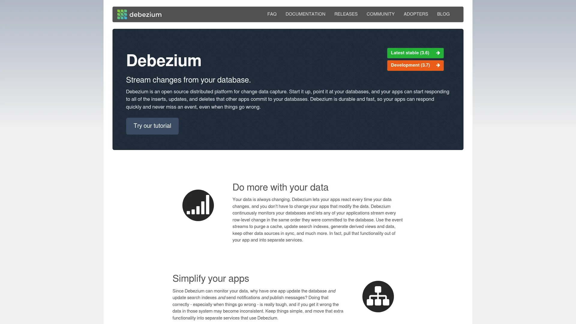 Debezium change data capture platform homepage