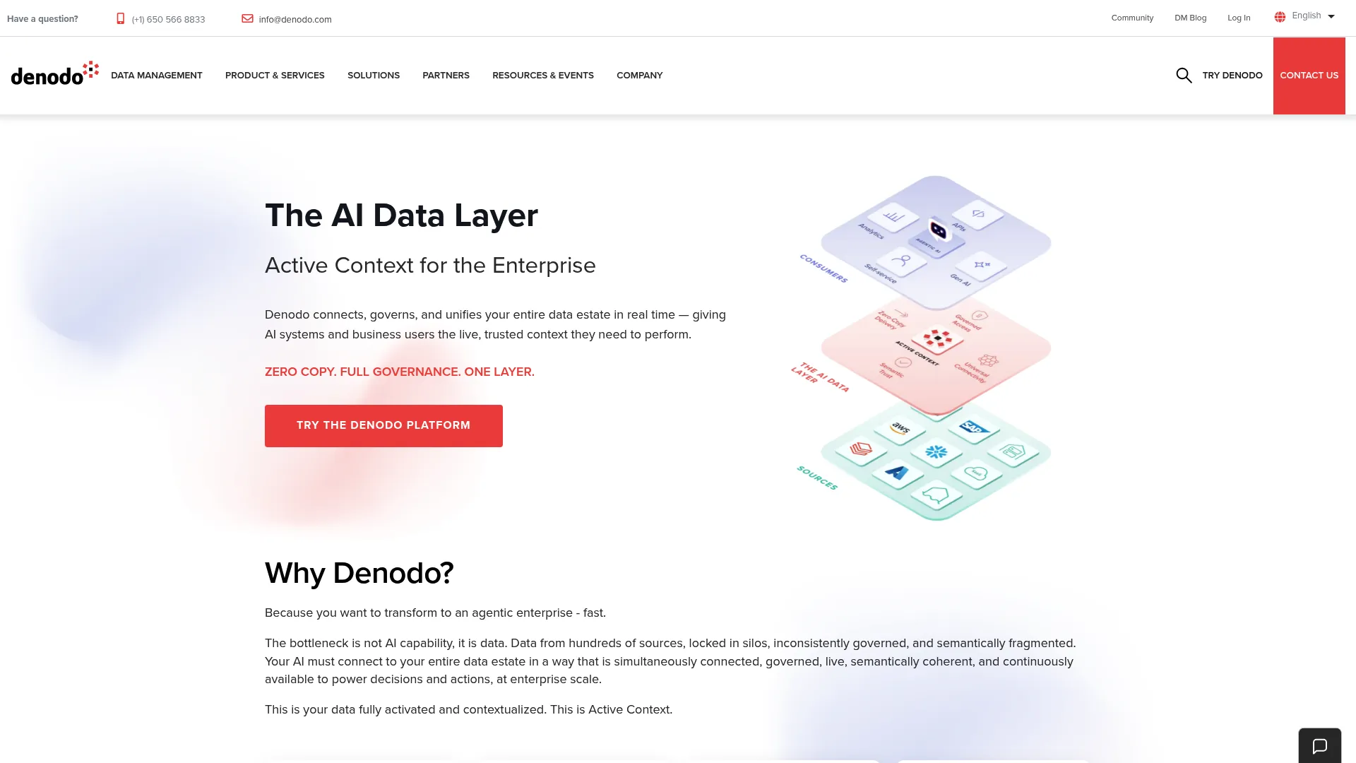 Denodo homepage describing enterprise data virtualization