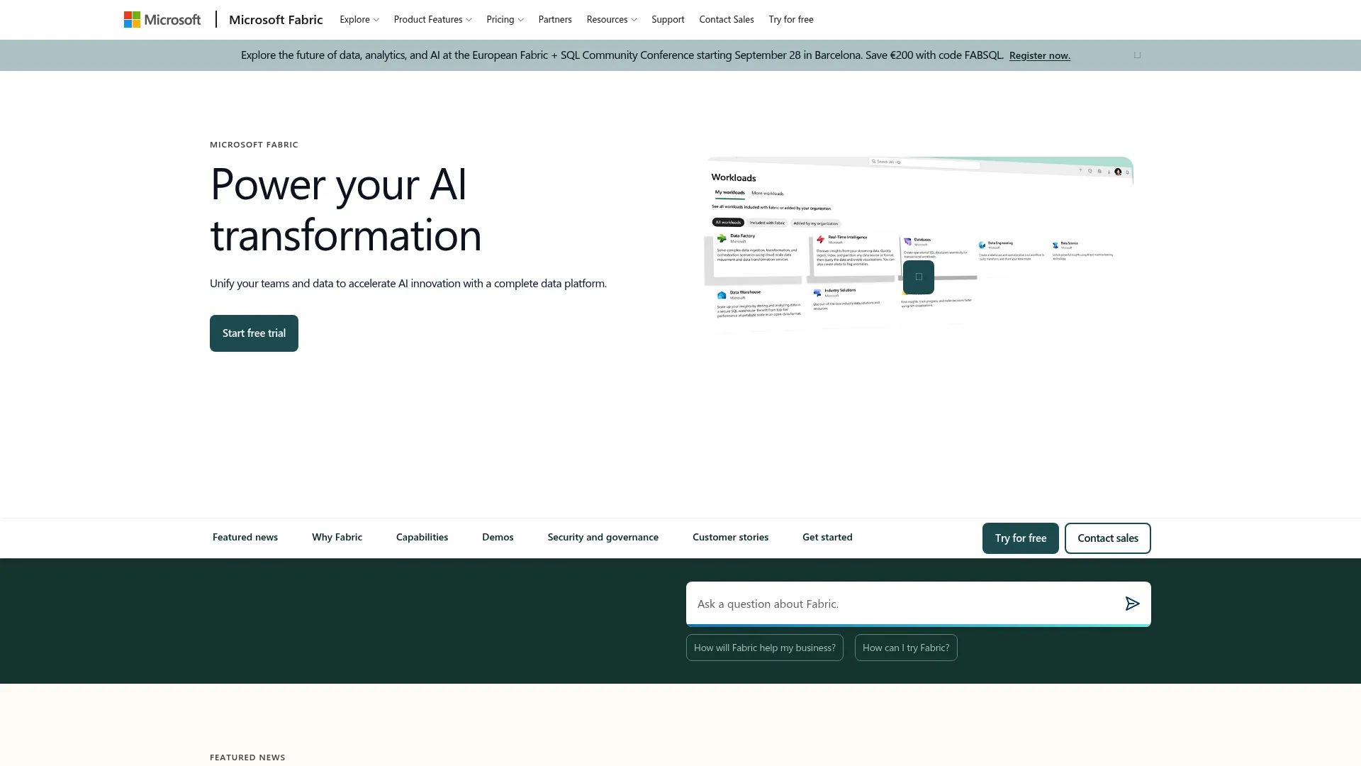 Microsoft Fabric homepage showing the unified analytics platform