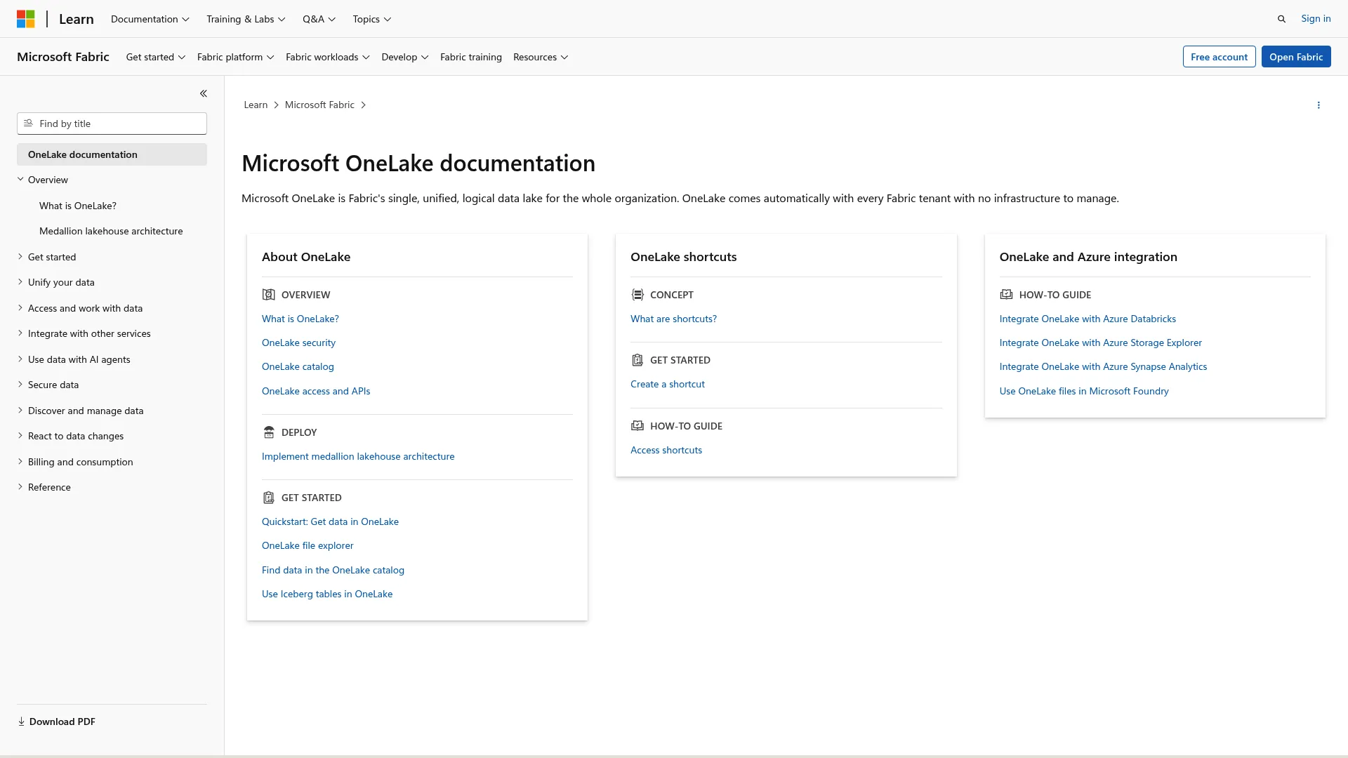 OneLake documentation page describing the unified data lake for Microsoft Fabric