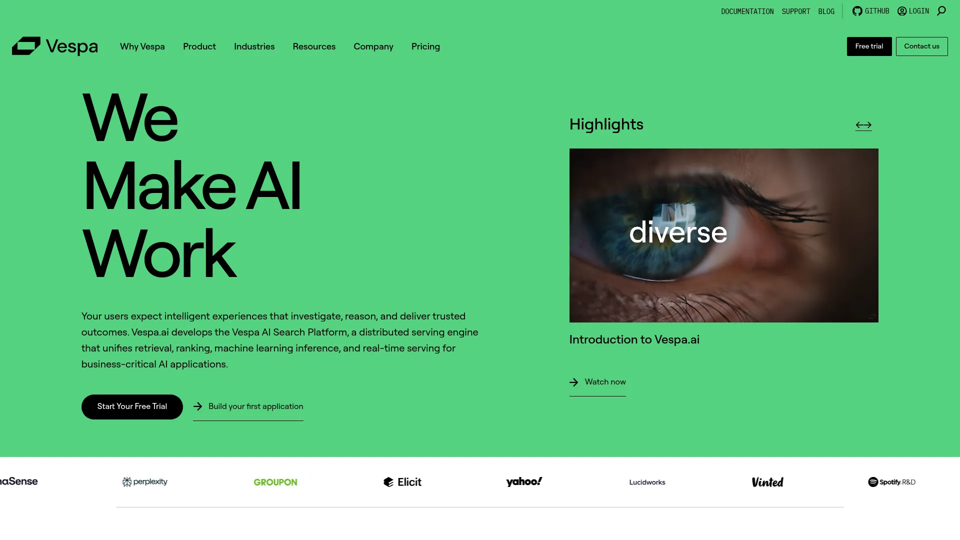 Vespa AI search platform homepage