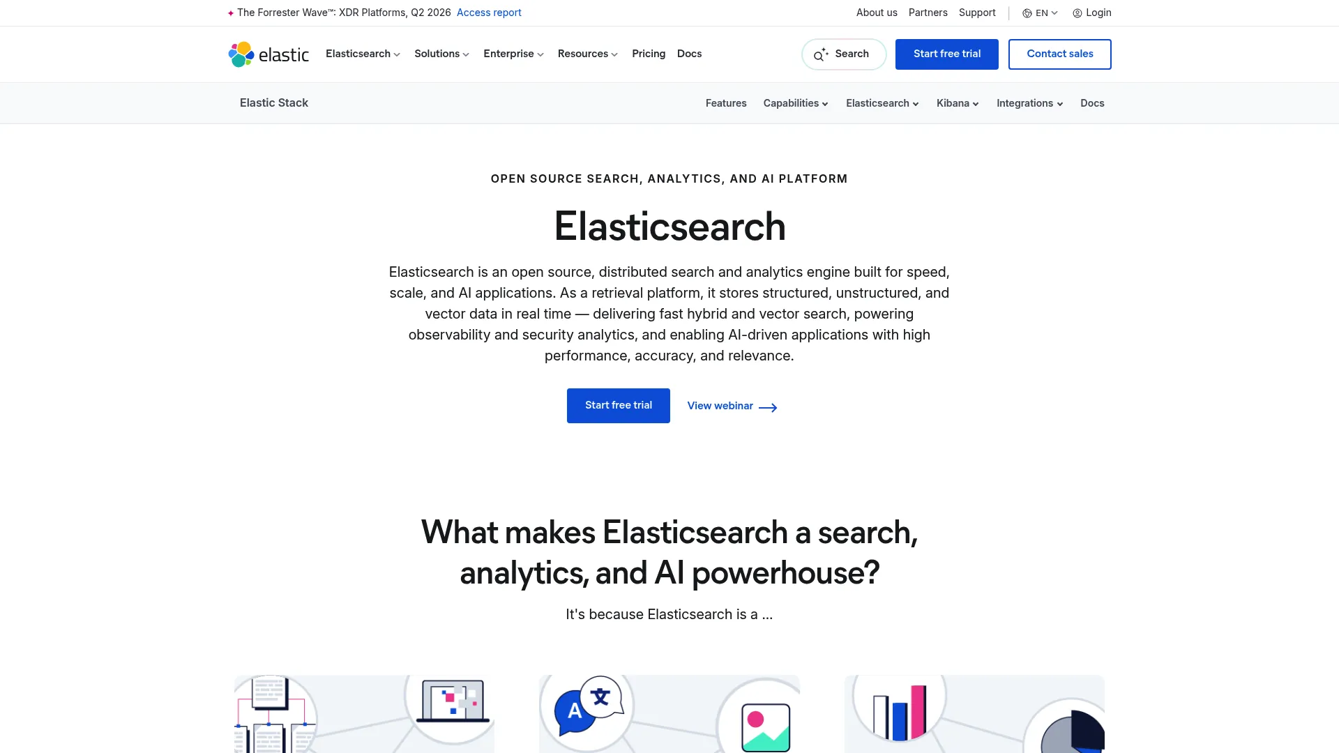 Elasticsearch search and analytics engine homepage