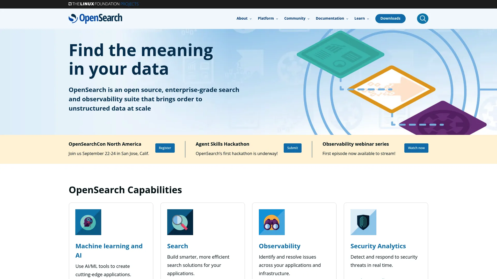 OpenSearch open-source search and analytics suite homepage
