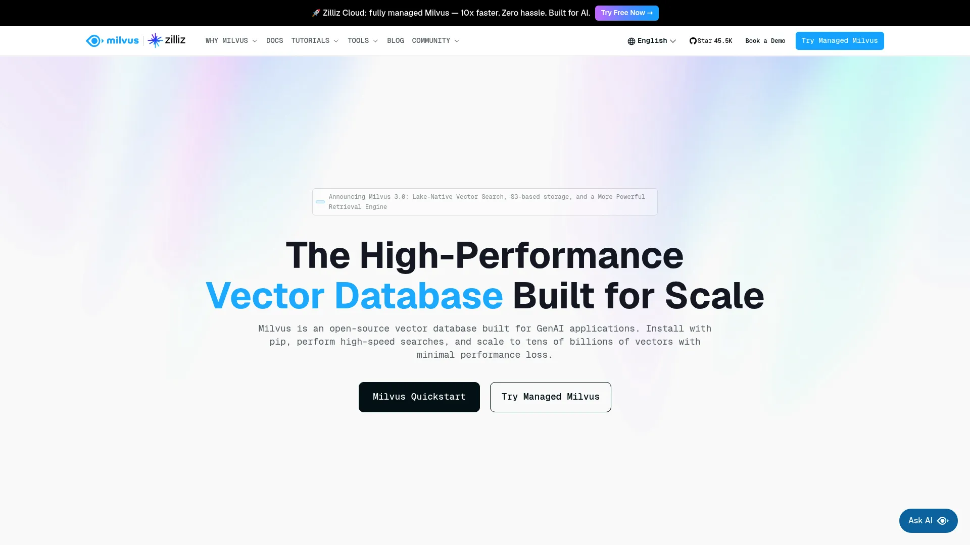 Milvus open-source vector database homepage