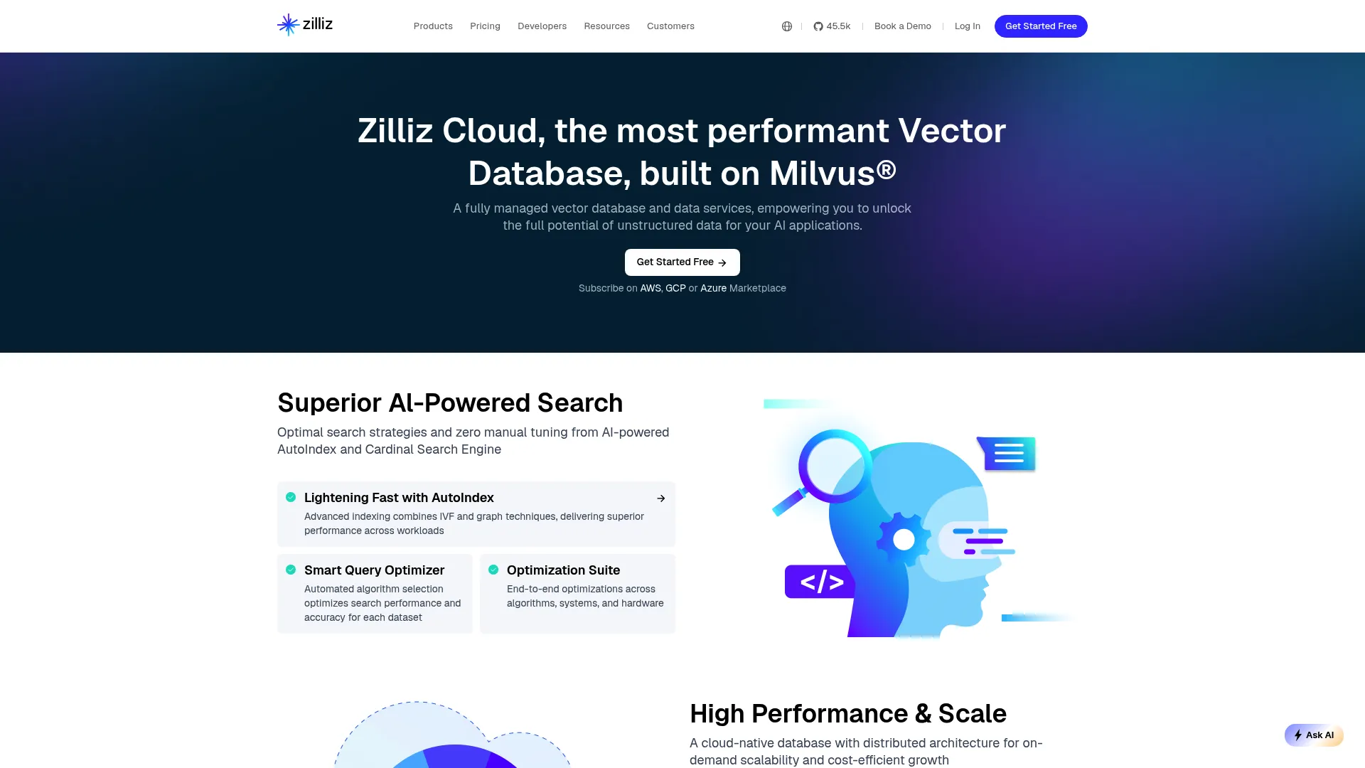 Zilliz Cloud managed vector database homepage