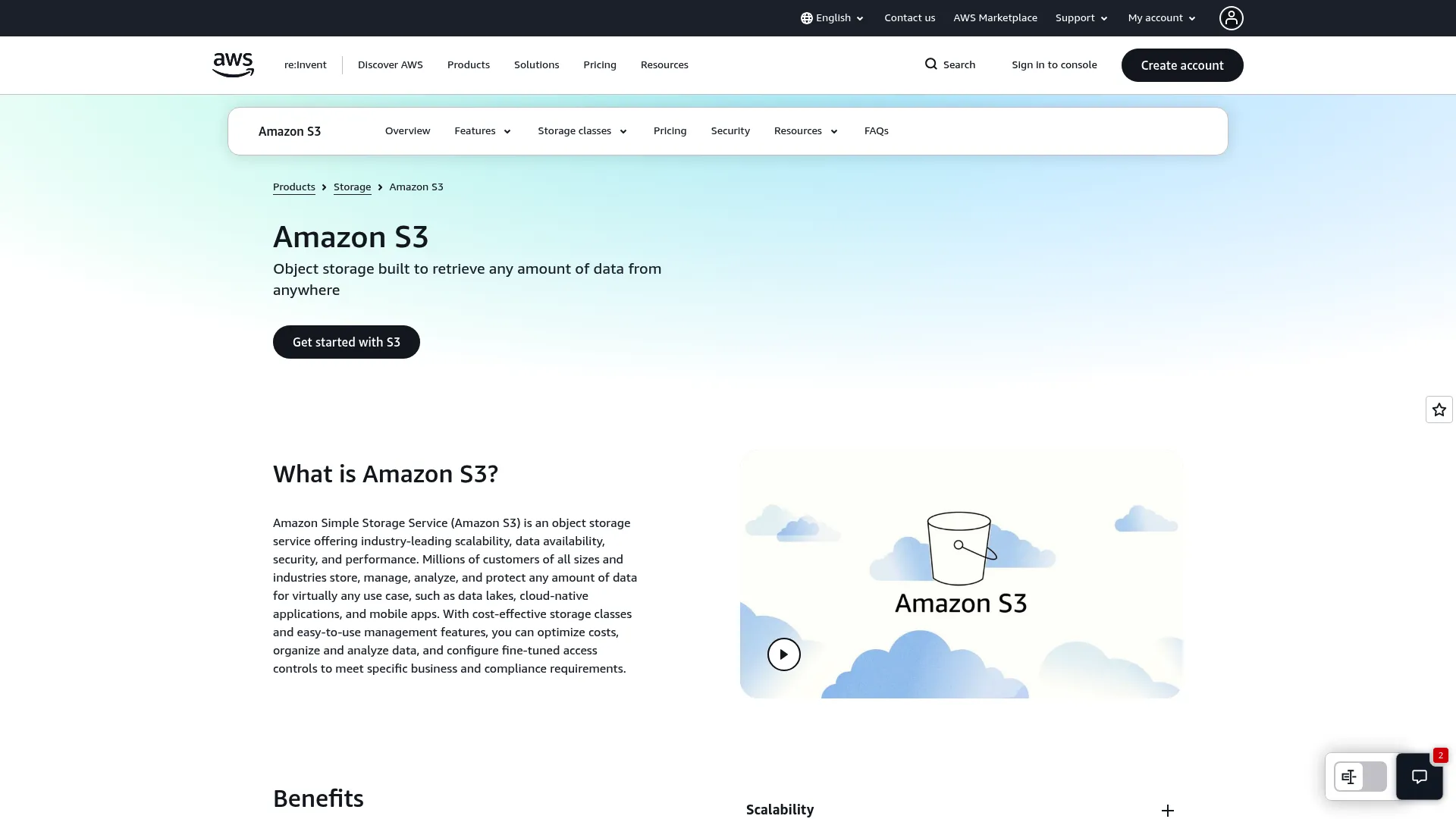 Amazon S3 object storage homepage