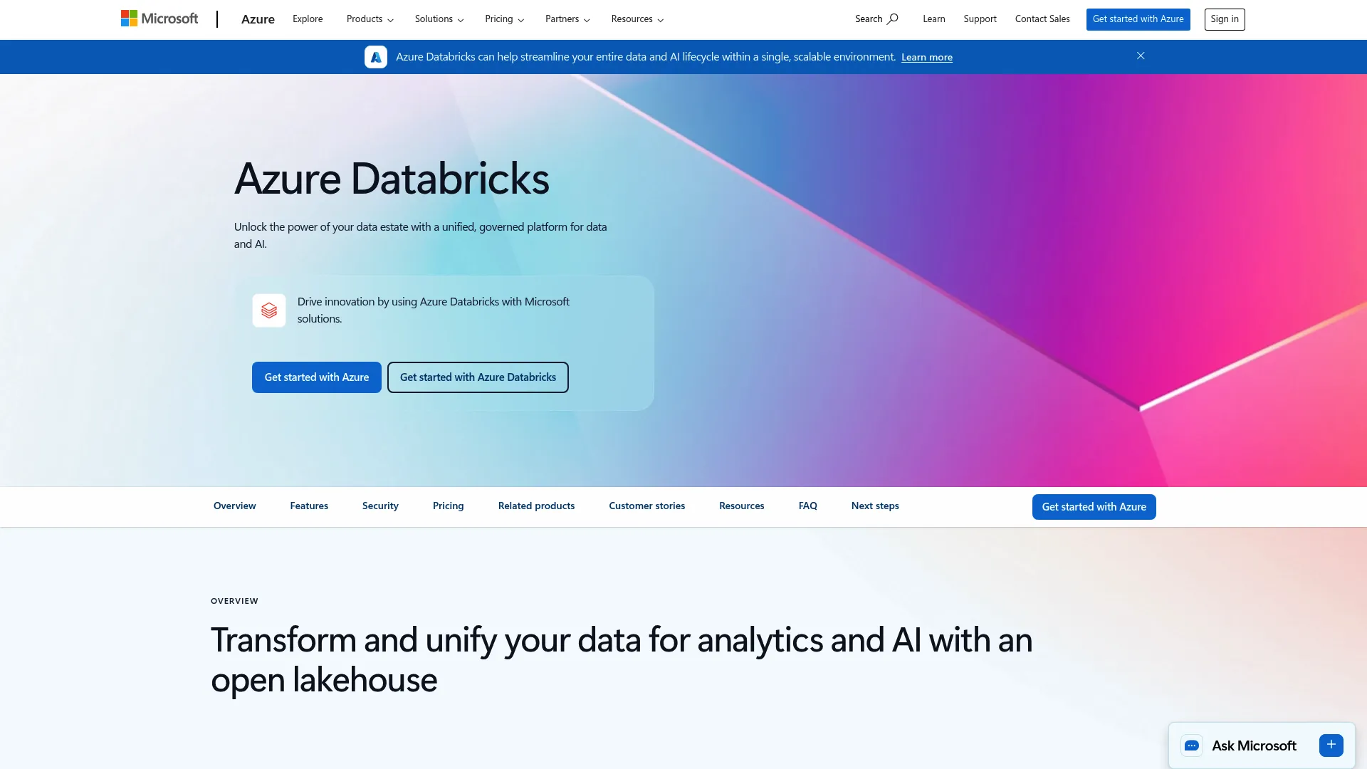 Microsoft Azure Databricks product page