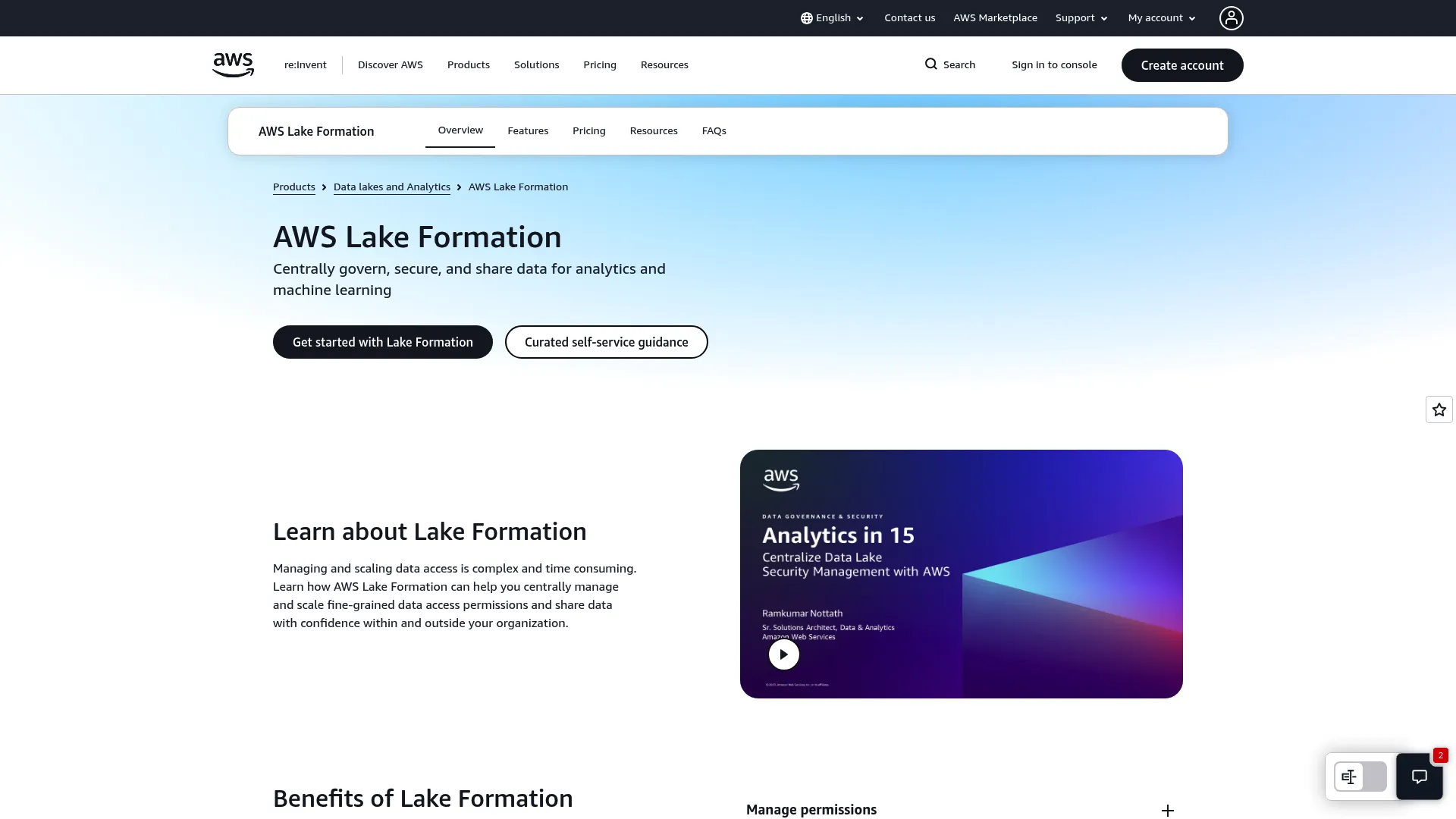 AWS Lake Formation service page