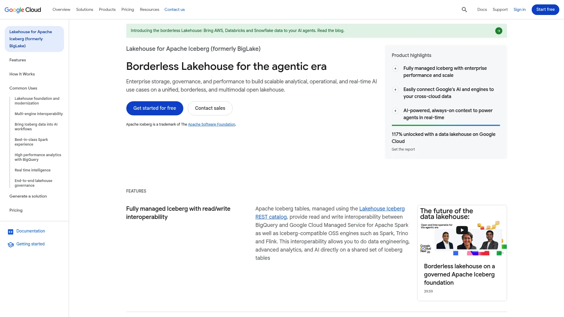 Google BigLake lakehouse product page